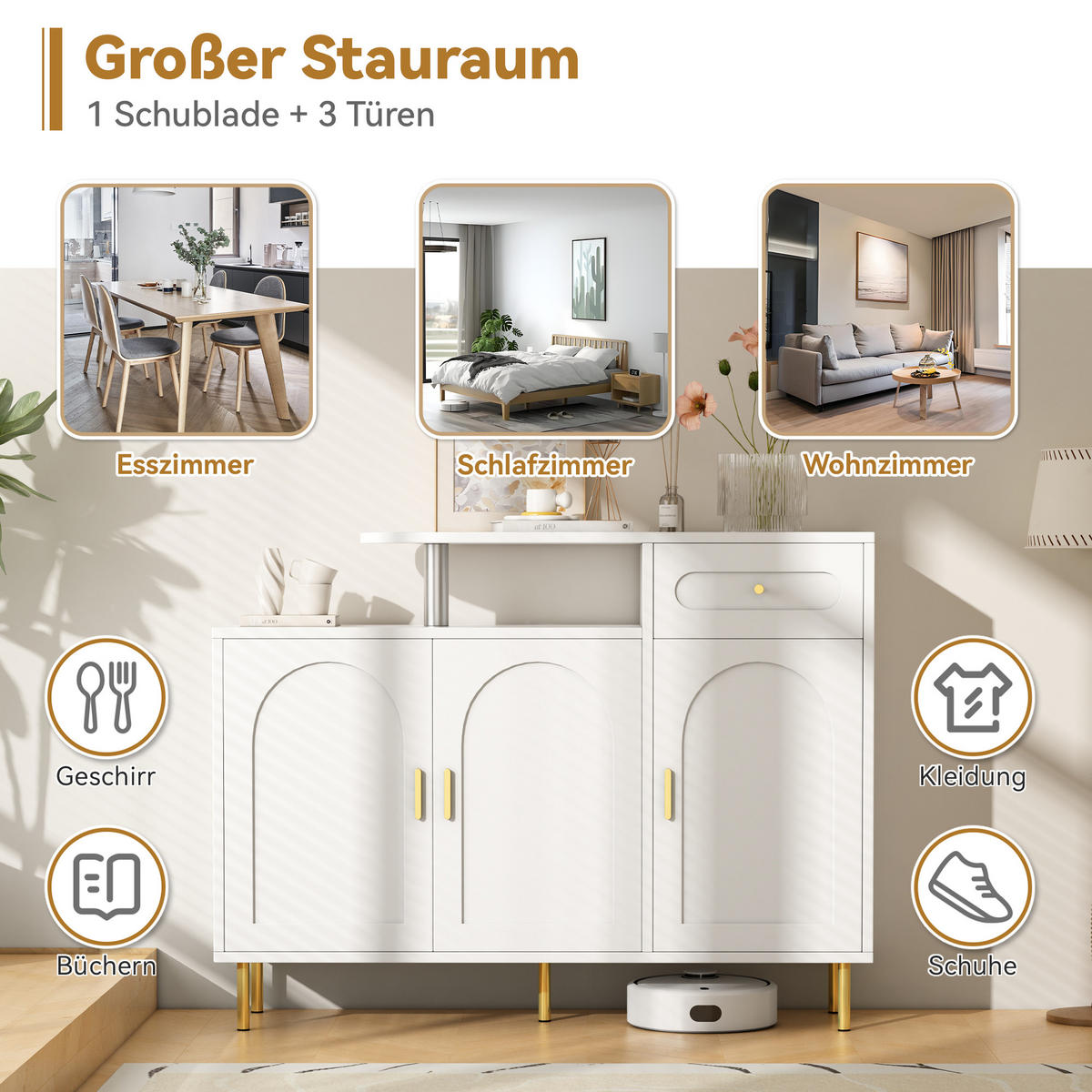 SIDEBOARD in Weiß Schuhschrank mit 3 Türen, 1 Schublade & Metallgriffen, auf Metallfüßen,B120/T35/H92cm - Goldfarben/Weiß, Holzwerkstoff/Metall (120/92/35cm) - STILVORA