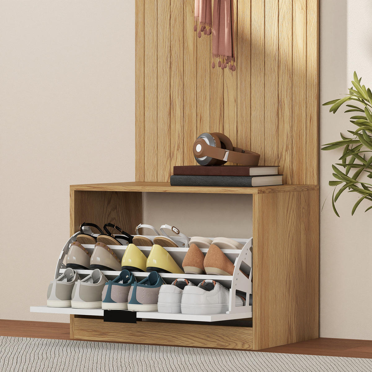 GARDEROBE DE-17895 5-in-1 mit klappbarer Schuhbank Eiche - Eichefarben, Holzwerkstoff (30/170/60cm) - ComfortXL