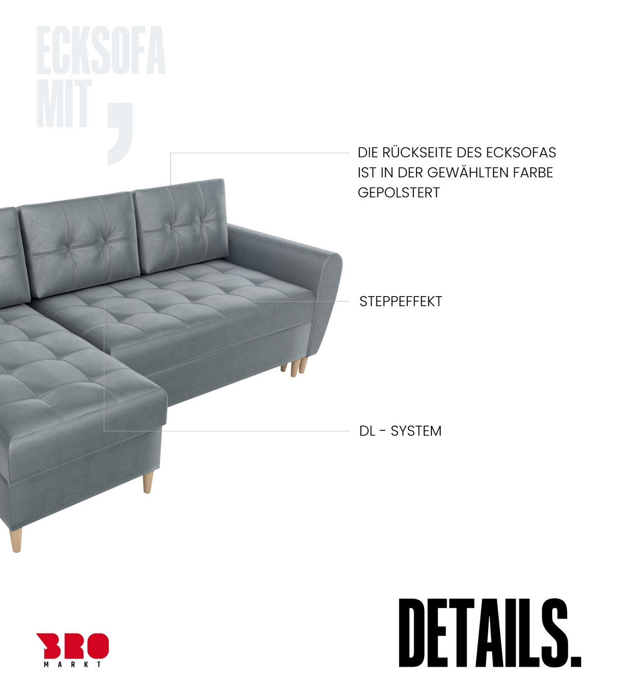 ECKSOFA Henry mit Schlaffunktion Grau Samtstoff - Grau, Textil (232/141cm) - Bromarkt