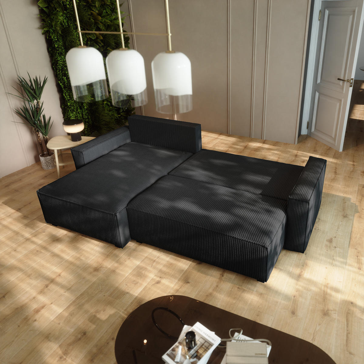 ECKSOFA BESMIR Schwarz Kordstoff mit Schlaffunktion - Schwarz, Holz (275/148cm) - MASSENO