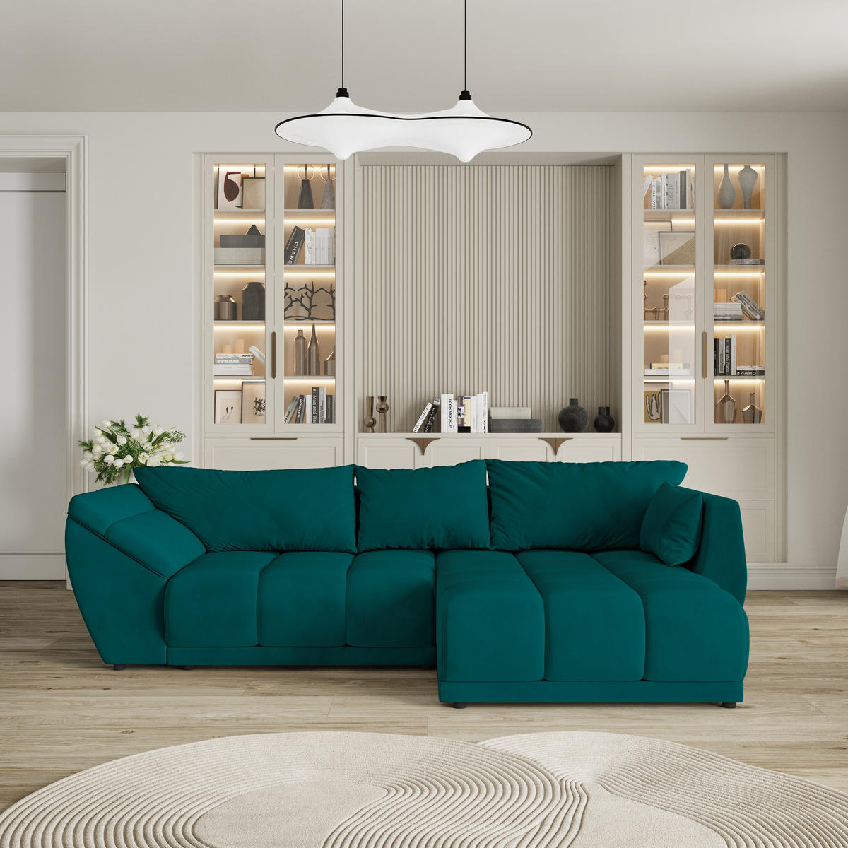 ECKSOFA ORENTI R-S Blau Velours-Stoff mit Schlaffunktion - Türkis, Holz (287/182cm) - MASSENO