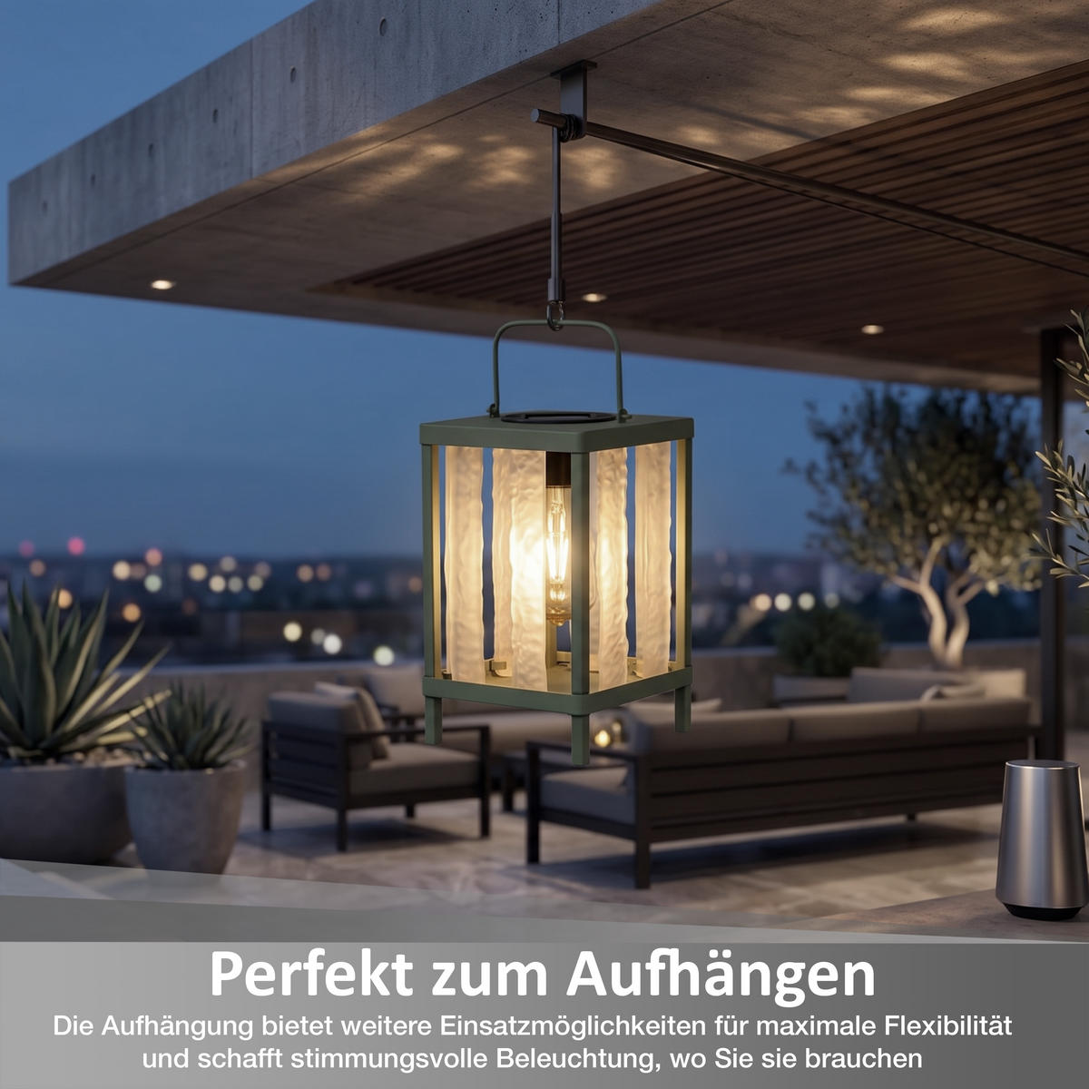 SOLAR-GARTENLEUCHTE LED-Tischleuchte wetterfest mit-Dämmerungssensor warmweiß Metall Echtglas Laterne für Balkon Terrasse Garten mit-Aufhängung - Grün, Metall (15/15/32cm) - Elblight.de