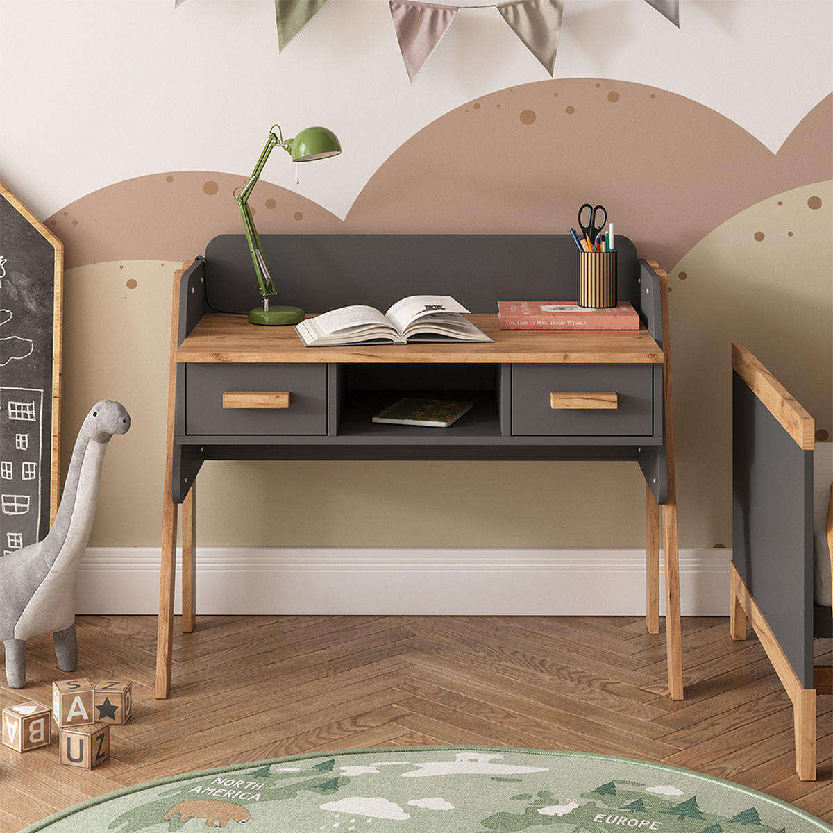 SCHREIBTISCH Malia Grau/Artisan 97 x 51 cm mit 2 Schubladen - Grau, Holzwerkstoff (51/97/80cm) - VitaliSpa