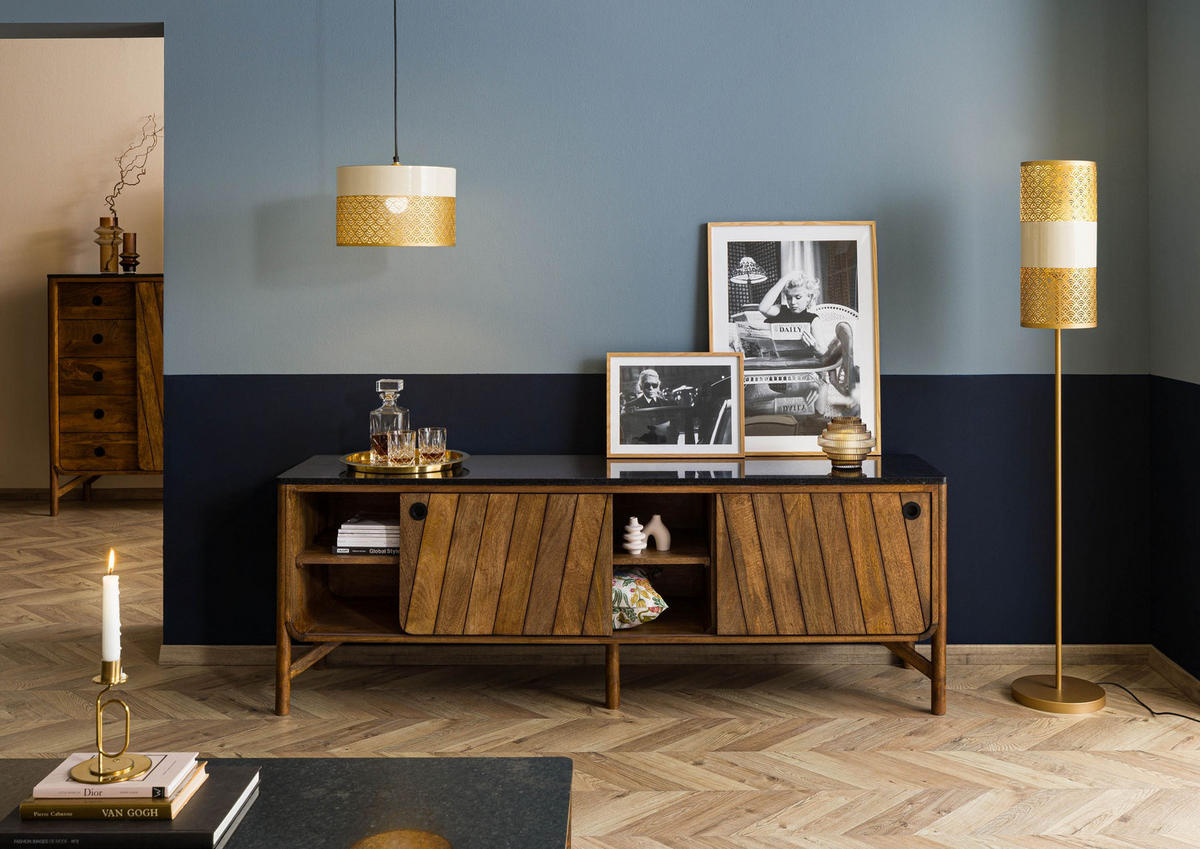 SIDEBOARD Mango 185x45x65 braun geölt / dunkler Granit LOS ANGELES #106 - Braun, Holz (185/65/45cm) - Massivmoebel24
