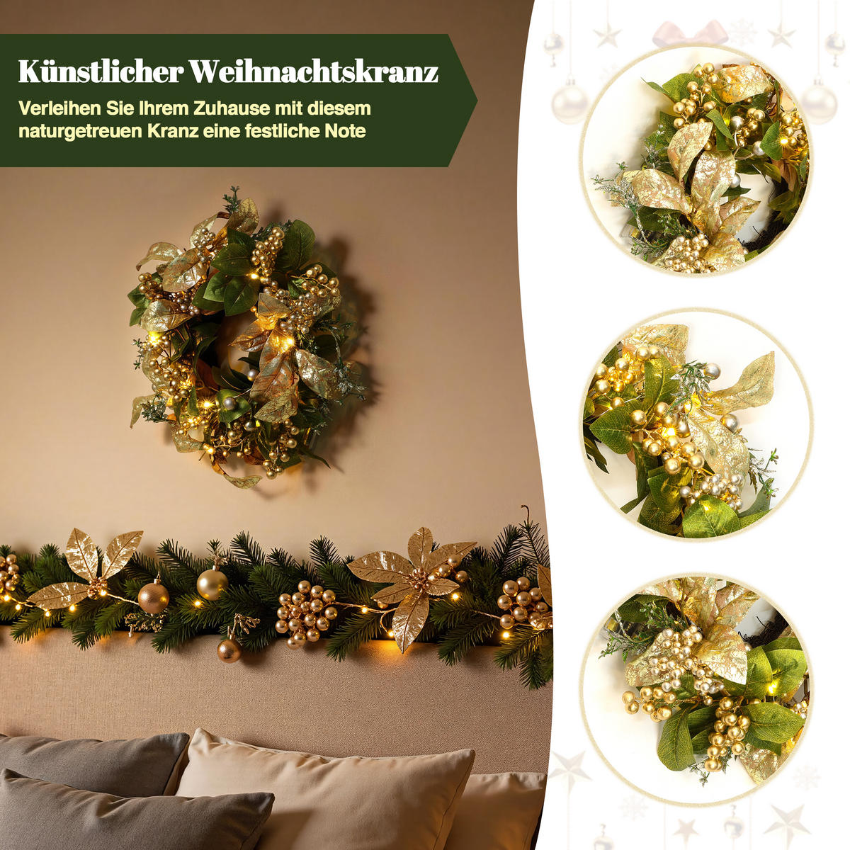 40CM Weihnachtskranz mit LED & Timer, Goldblätter & Beeren - Grün, Kunststoff (45cm) - Hometopia
