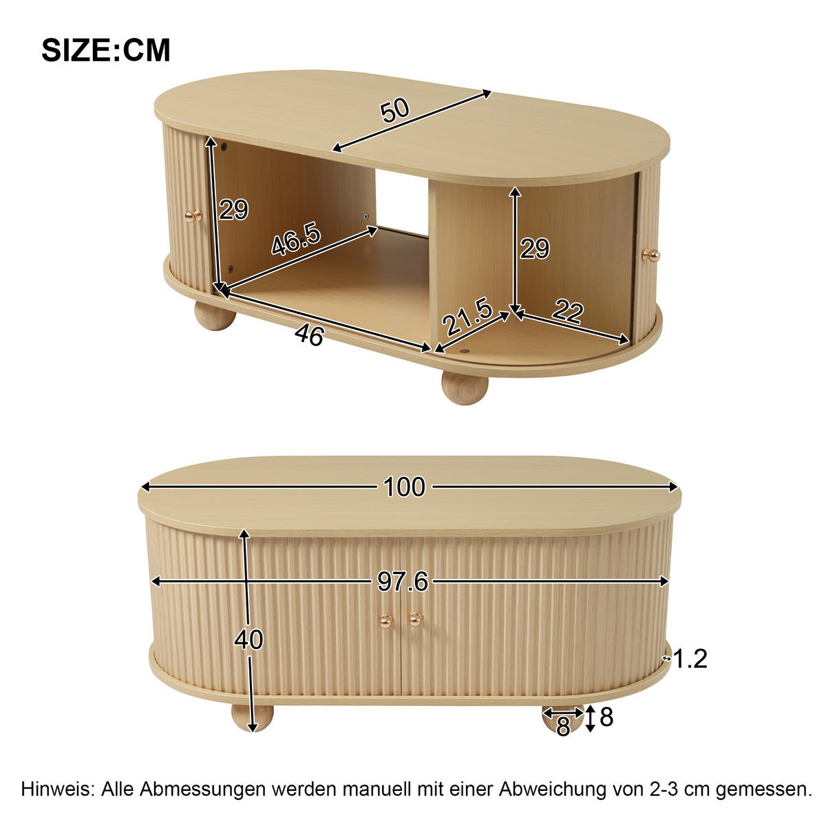 COUCHTISCH Oval Stauraum Schiebetüren Holzfarben Multifunktion - Naturfarben, Holzwerkstoff (100/50/40cm) - FLIEKS