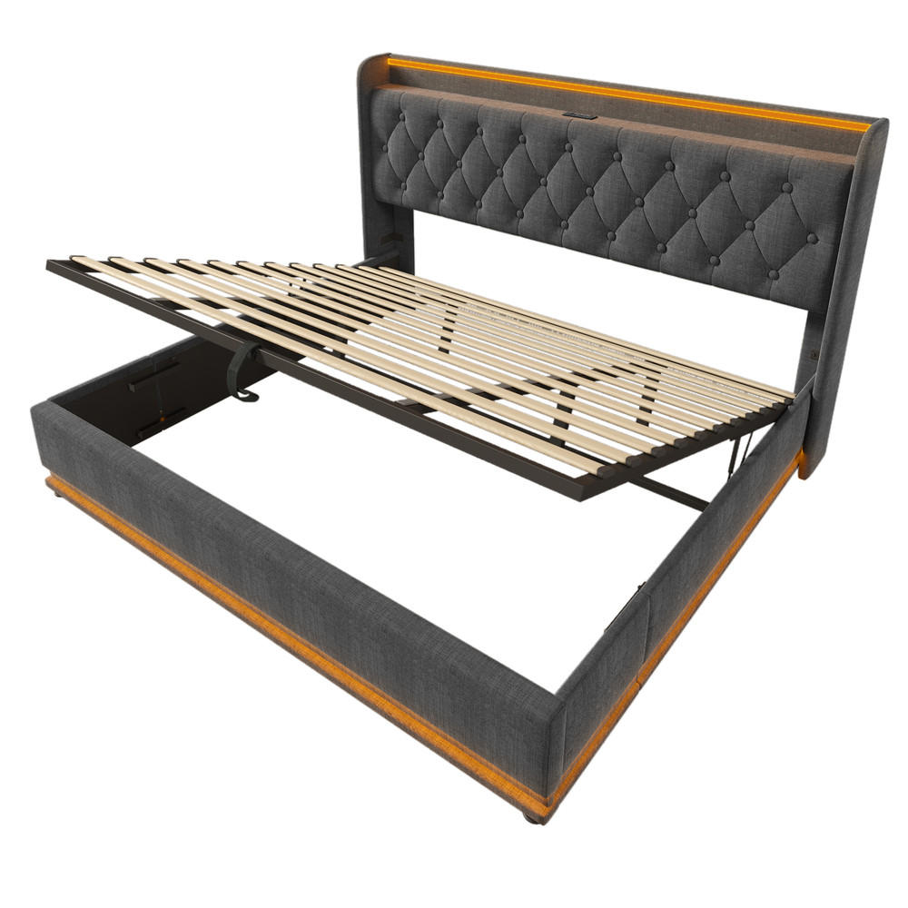 POLSTERBETT 180X200 cm mit LED Kopfteil und USB C Stauraum - Grau, Holz (180/200cm) - FLIEKS