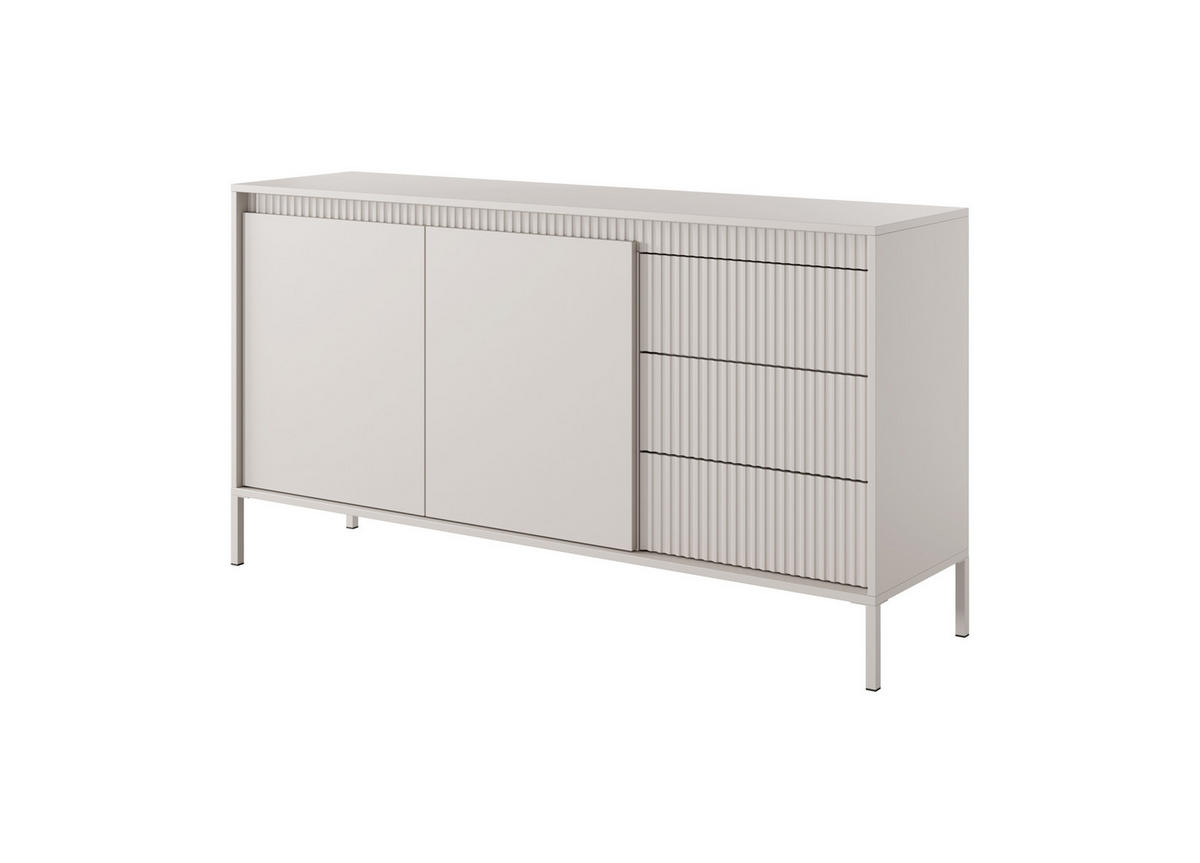 ​KOMMODE SENSO 2D3S Sideboard mit Geriffelten MDF-Fronten, Push-to-Open, Metallfüßen, 153,5x81,4x39,5 cm - Beige - Beige/Creme, Holz/Holzwerkstoff (154/82/40cm) - DomoHome