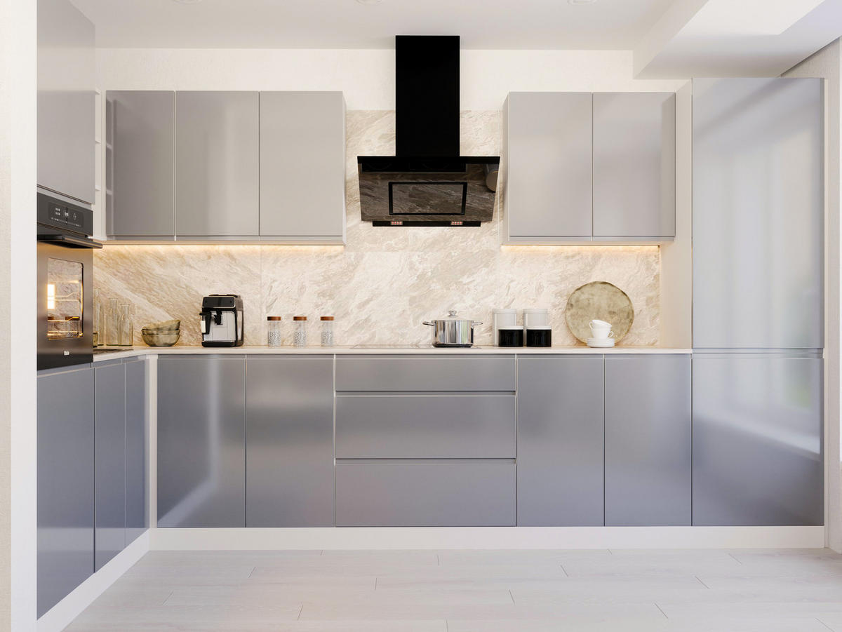 ECKKÜCHE 300x140 cm Glanzia – KU-S09 – Grau – Hochglanz - Grau, Holzwerkstoff (300/212/140cm) - hi-markt