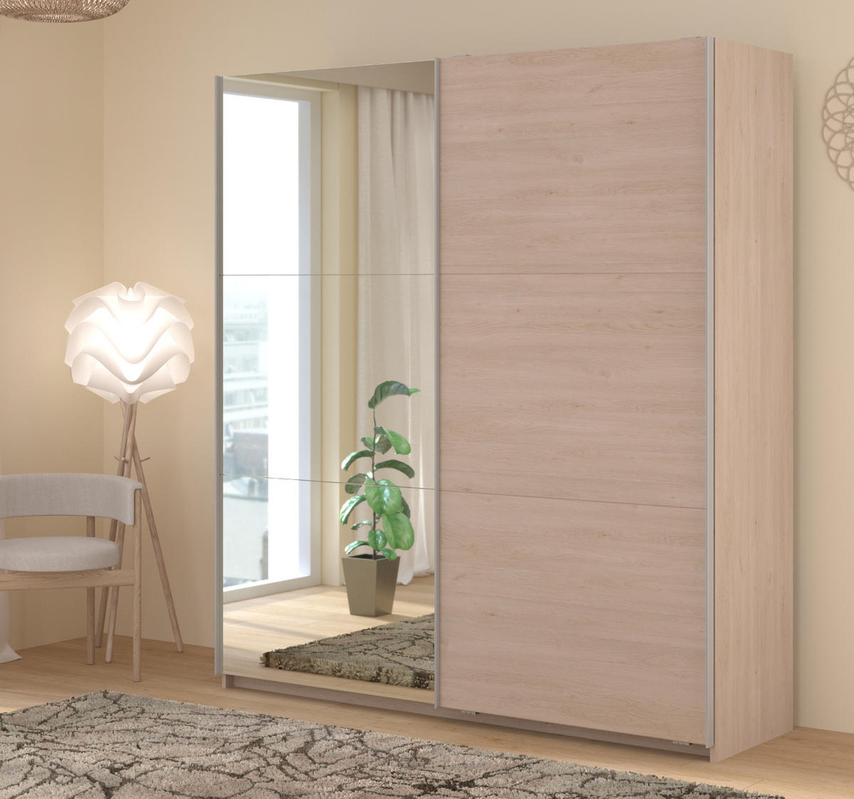 KLEIDERSCHRANK Eiche Jackson 178 cm, Schwebetürenschrank 2-türig mit Spiegel und Soft-Close - Eichefarben, Glas/Holzwerkstoff (178/203/59cm) - Parisot Meuble