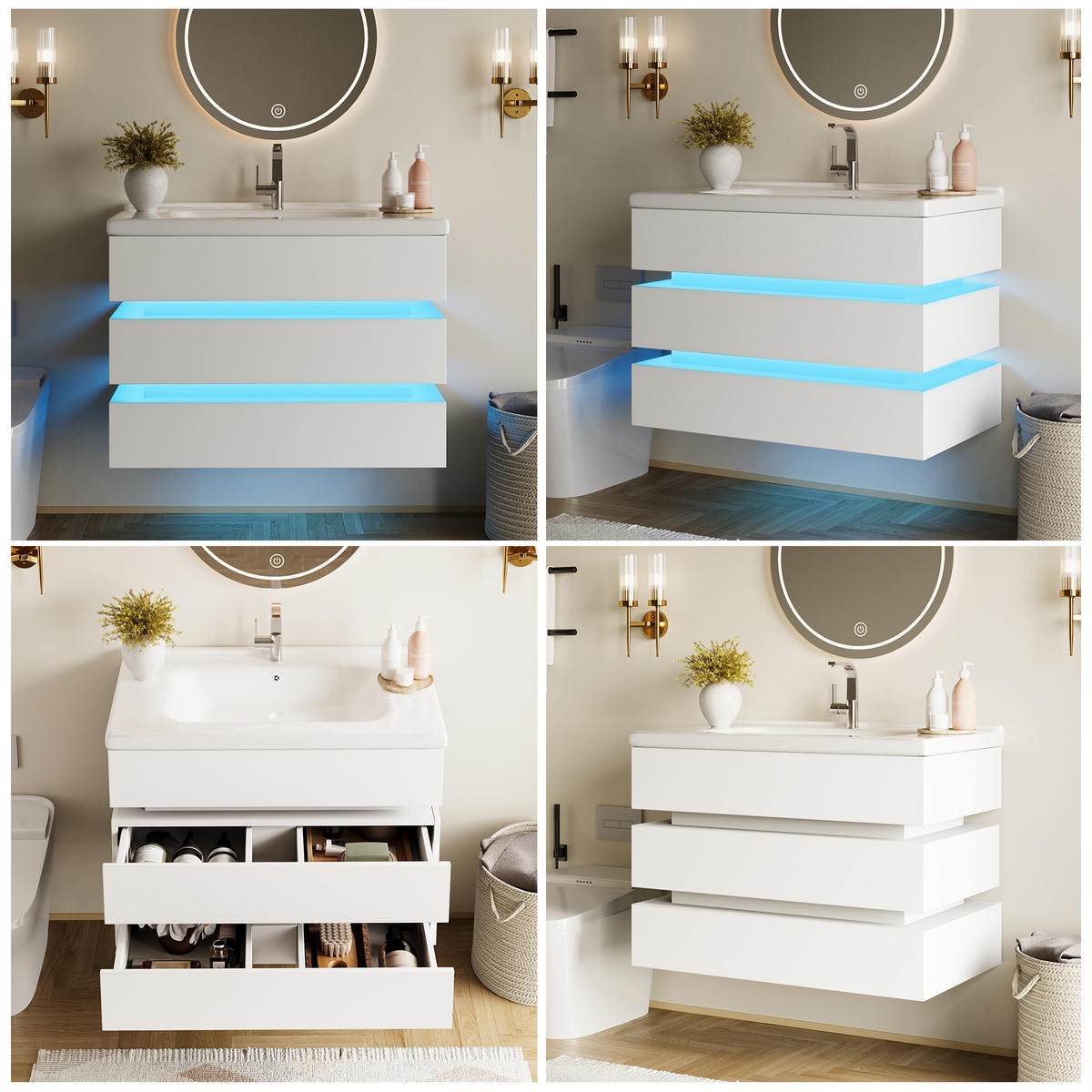 WASCHTISCH Weiß 81/47.5/57 cm hängend mit LED-Beleuchtung - Weiß, Holz (81/57/47.5cm) - PANGIVO