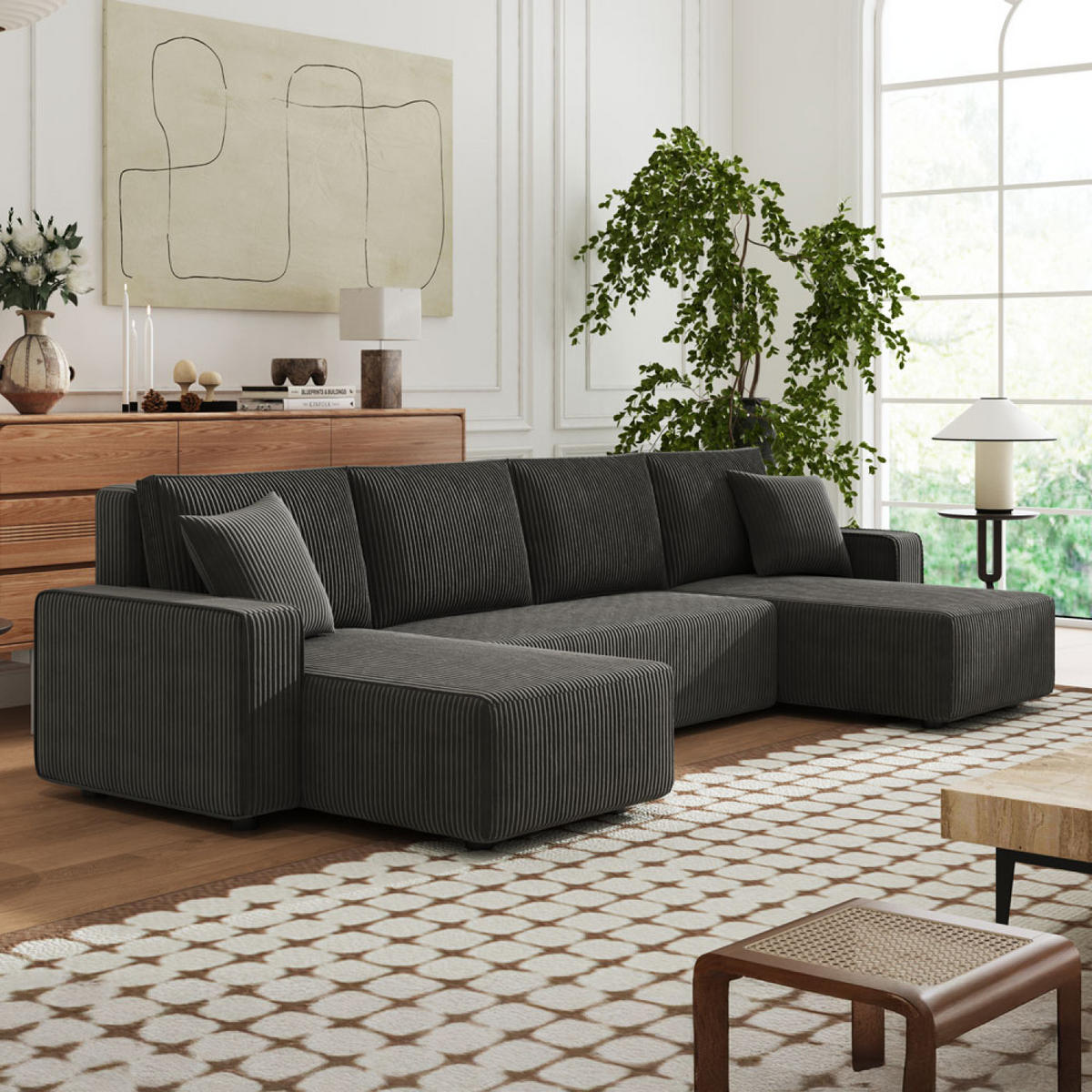 PANORAMA-SCHLAFSOFA salisbury anthrazit 6-sitzer cord - Grau, Holz (318/82/142cm) - Concept Usine