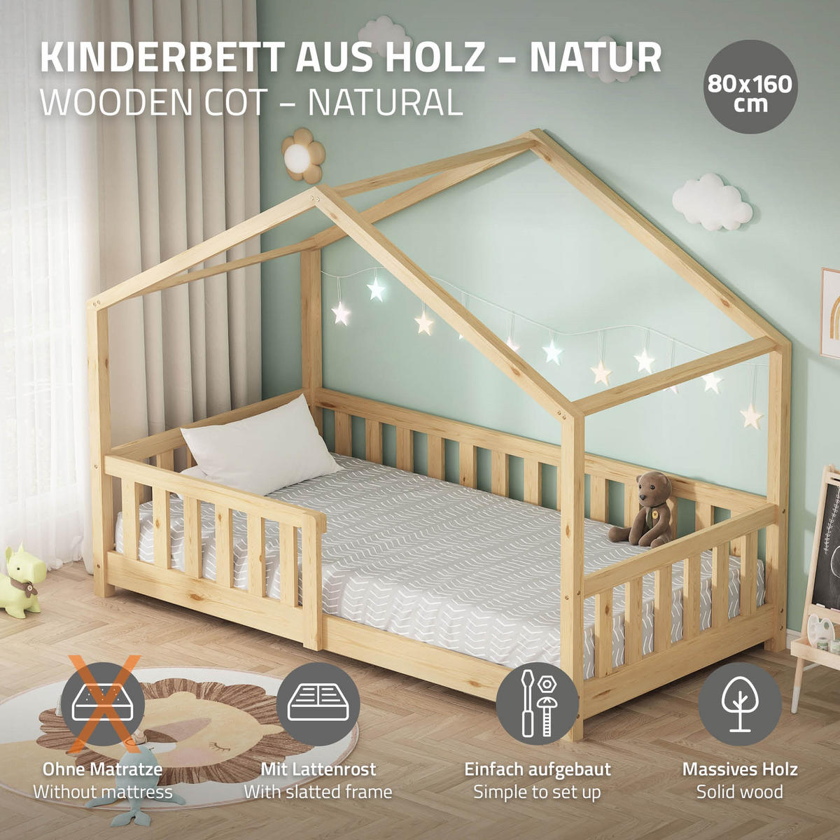 HAUSBETT 80x160 cm Natur aus Kiefernholz mit Rausfallschutz - Beige, Holz (80/160cm) - ML-DESIGN