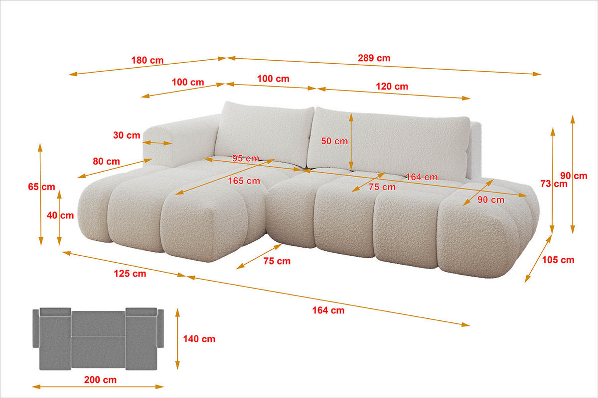 ECKSOFA Ottomane Links CLOUD-L 289x180x40 Weiß Bouclé - Weiß, Holzwerkstoff/Kunststoff (180/289cm) - ALTDECOR