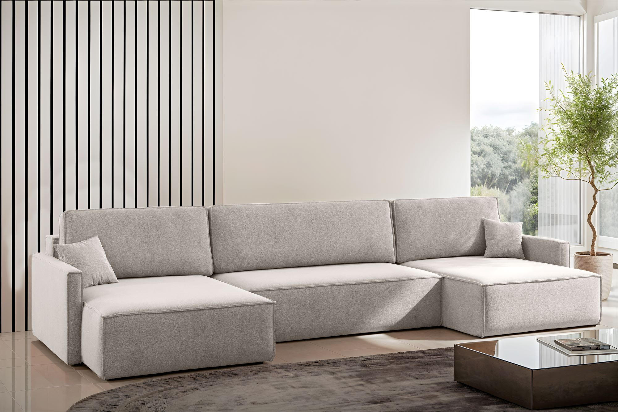 ECKSOFA Carlos U-Form Mit Schlaffunktion Und Bettkasten Stoff Salvador Hellbeige - Creme, Holz (348/142cm) - Kaiser Möbel