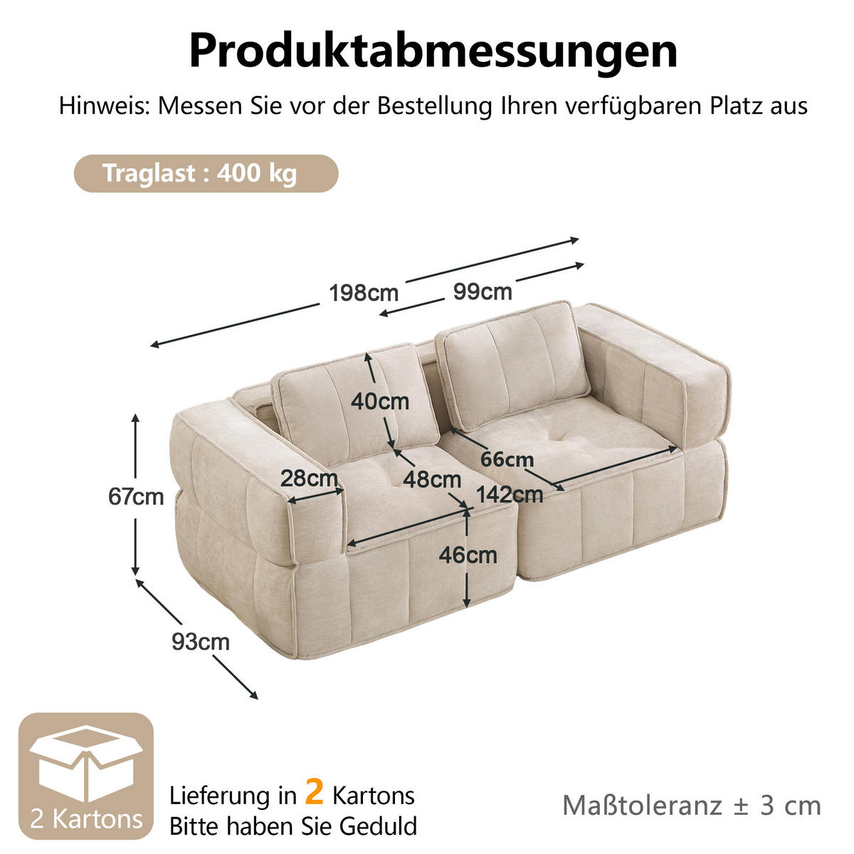 2-SITZER-SOFA DE-34428 Tiefsitz und 32D-Schaum Beige - Beige, Textil (93/67/198cm) - ComfortXL