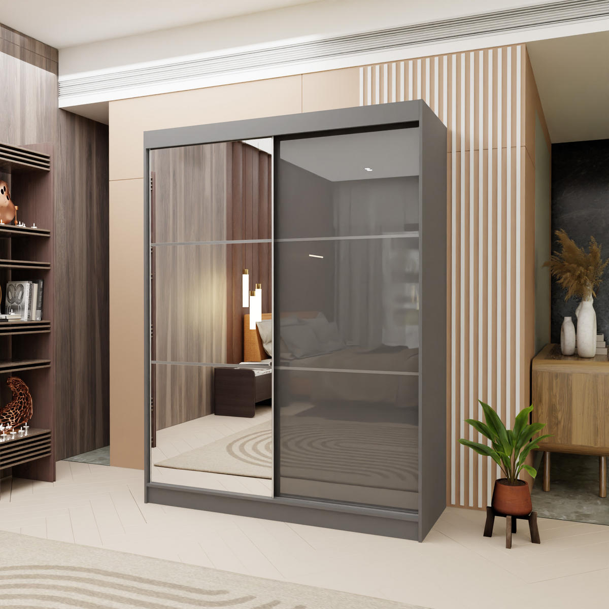 SCHWEBETÜRENSCHRANK VITALE 150/216/61 cm 2-türig mit Spiegel Grau - Grau, Holzwerkstoff (150/216/61cm) - MASSENO