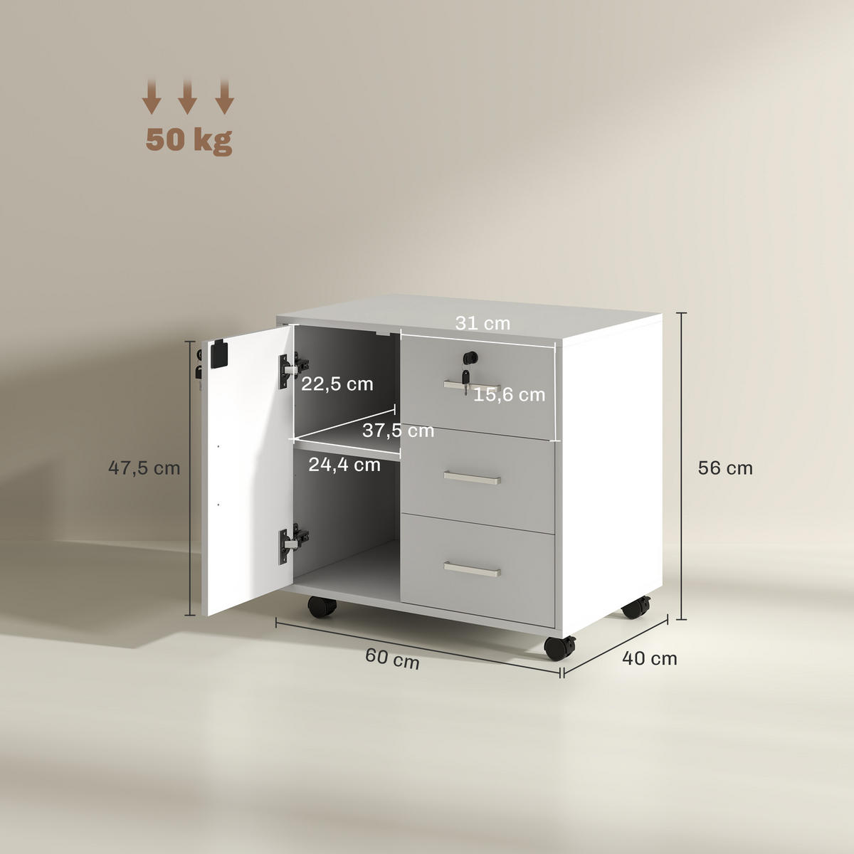 ROLLCONTAINER DE-14504 mit 3 Schubladen Weiß - Weiß, Holzwerkstoff (40/56/60cm) - ComfortXL