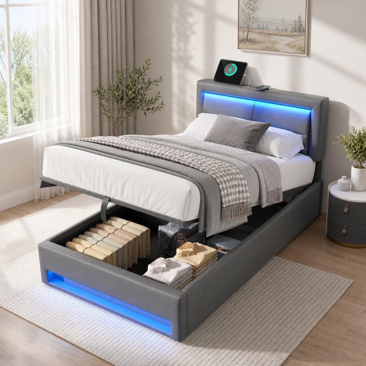 POLSTERBETT 90/200 mit Bettkasten, LED-Beleuchtung und USB in Grau - Grau, Holzwerkstoff/Textil (90/200cm) - EVRYAE