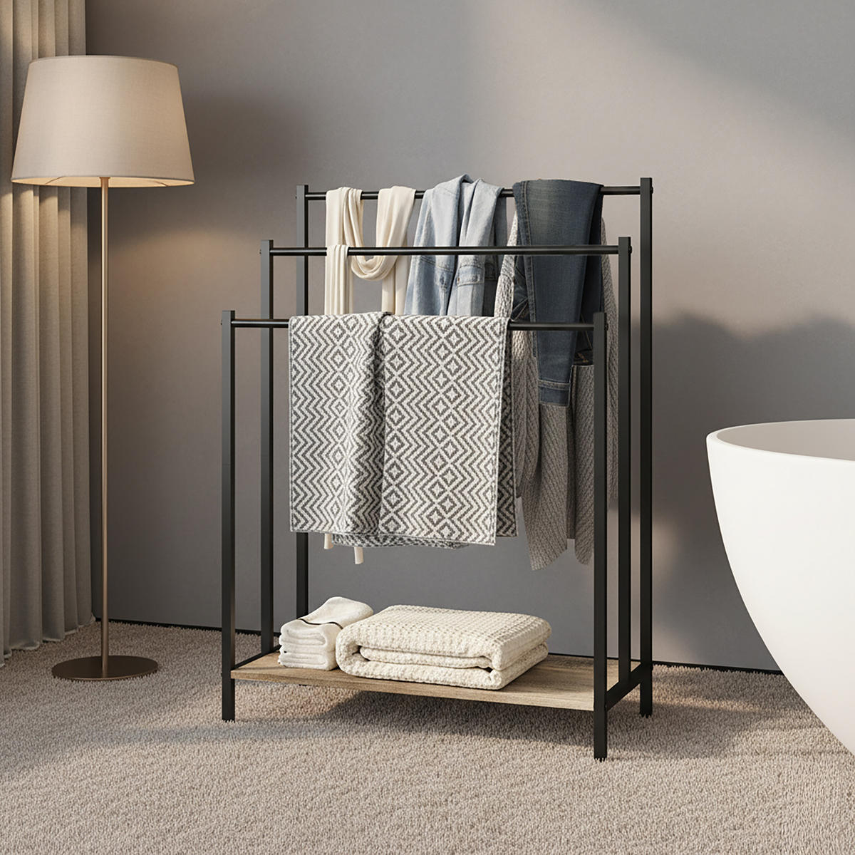 HANDTUCHSTÄNDER - Schwarz, Holzwerkstoff/Metall (60/81/28cm) - Relaxdays