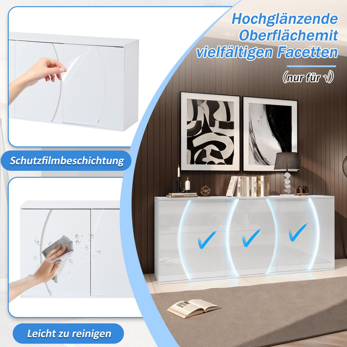 SIDEBOARD 150/40/70 cm in Weiß mit 3 Türen & LED-Beleuchtung - Weiß, Holzwerkstoff (150/70/40cm) - BEAOK