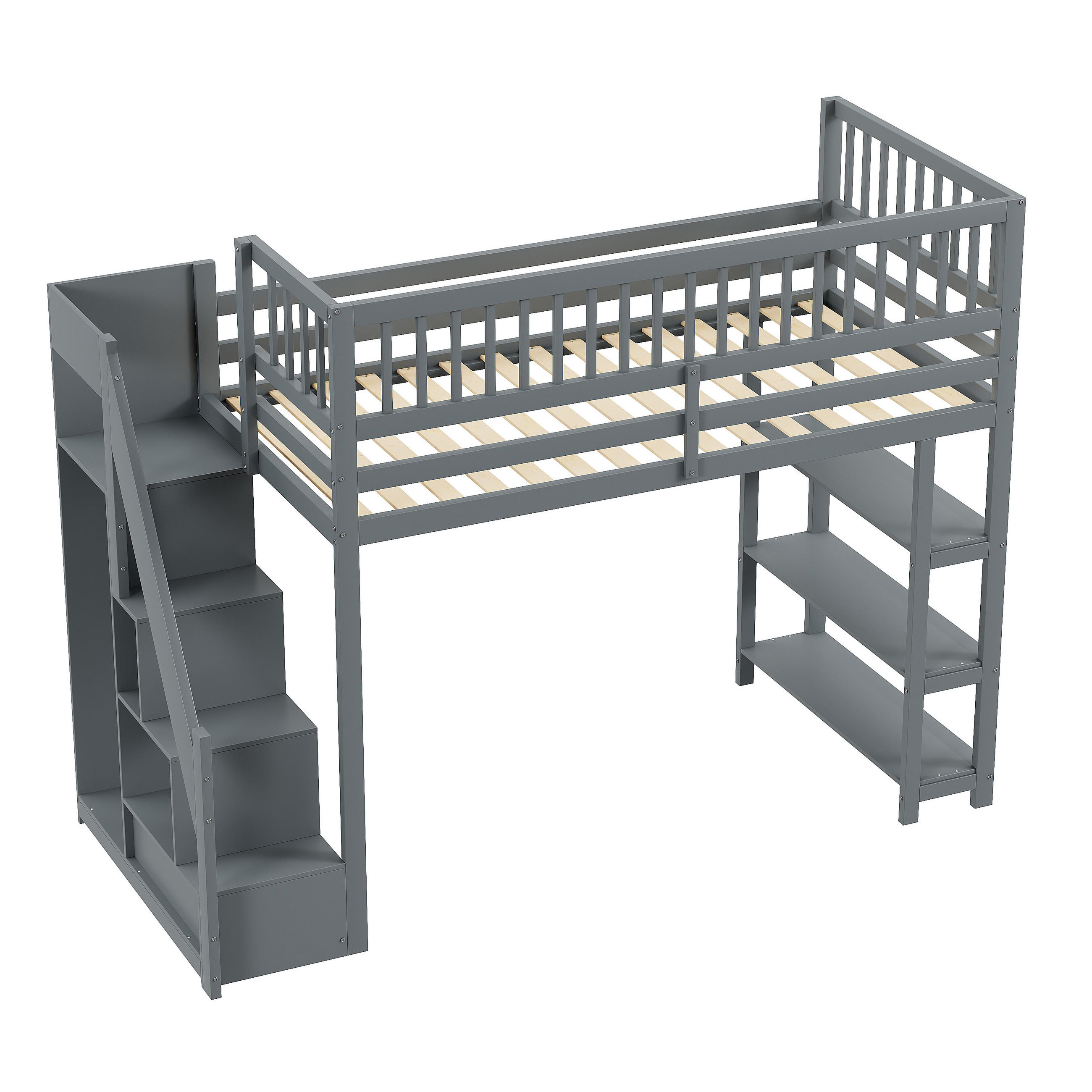 HOCHBETT 90/200 cm DE-01257, in Grau, mit Kleiderschrank, Regalen und Stauraumleiter - Grau, Holz (90/200cm) - ComfortXL