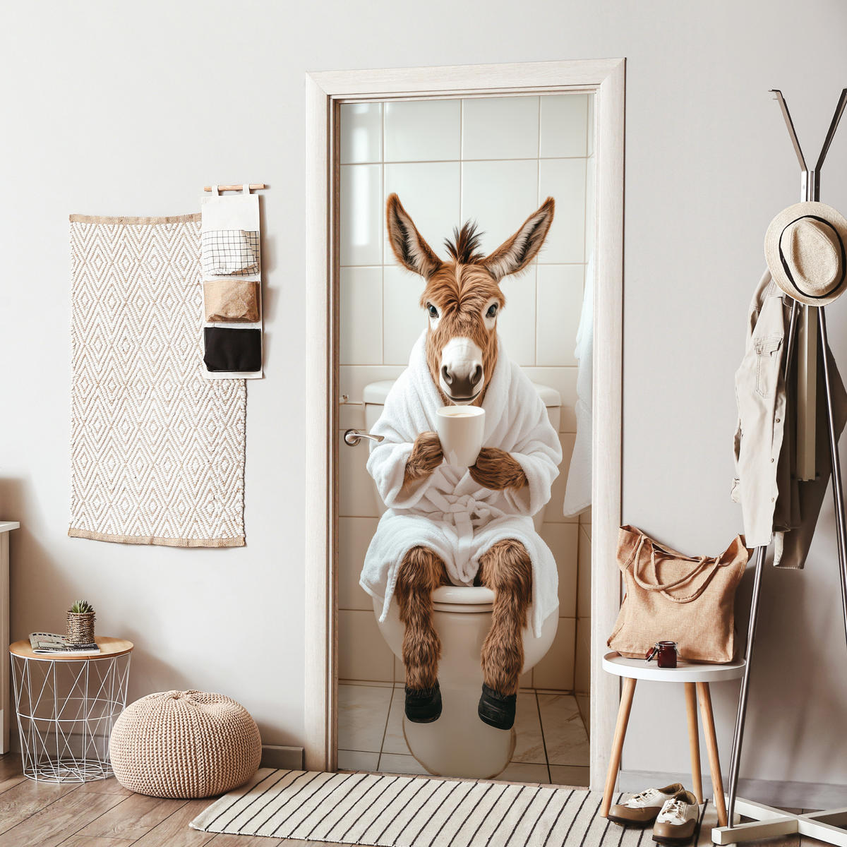 NÁLEPKA NA DVERE Oslík - WC - Vtipné - Župan - Zviera 80x215 cm - béžová, plast (80/0.1cm) - MuchoWow