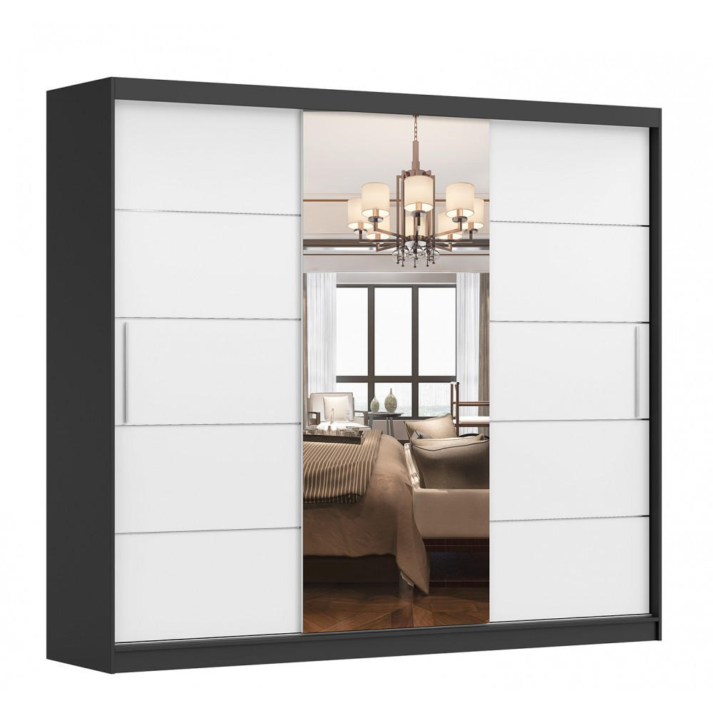 SCHWEBETÜRENSCHRANK Alba Schwarz/Weiß + Spiegel, ohne LED Beleuchtung 250 cm - Alufarben/Schwarz, Glas/Holzwerkstoff (250/218/61cm) - imoebel24