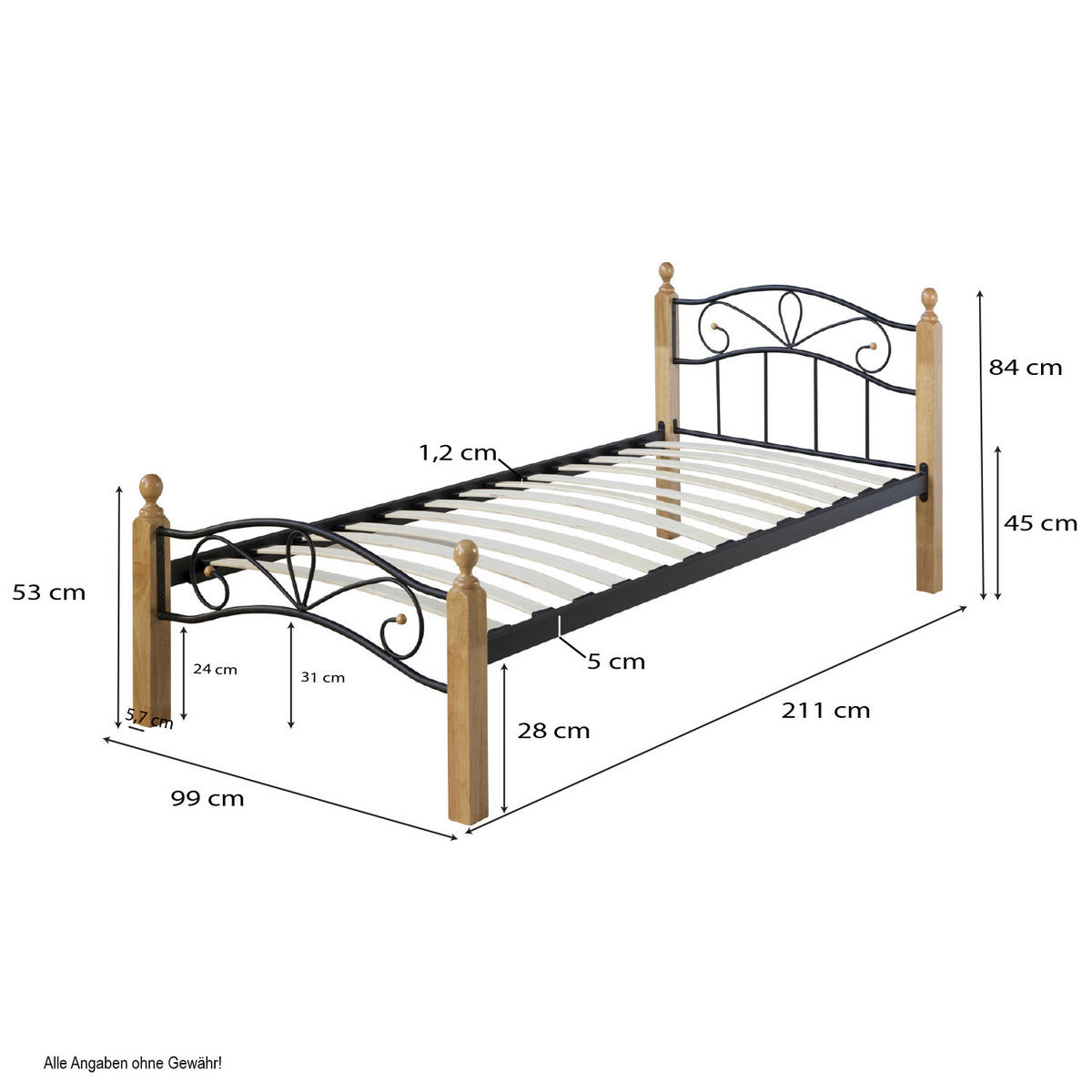 METALLBETT 90/200 cm Schwarz Natur - Schwarz/Naturfarben, Holz (90/200cm) - Homestyle4u