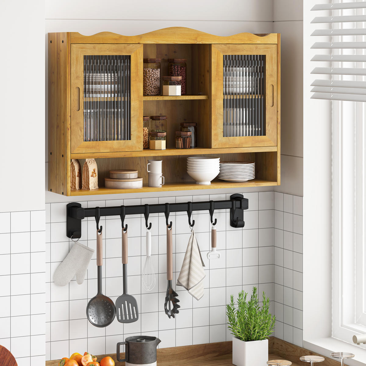 HÄNGESCHRANK 90/20/60 cm natur aus Massivholz und Glas mit Schiebetüren - Naturfarben, Glas (90/60/20cm) - OKWISH