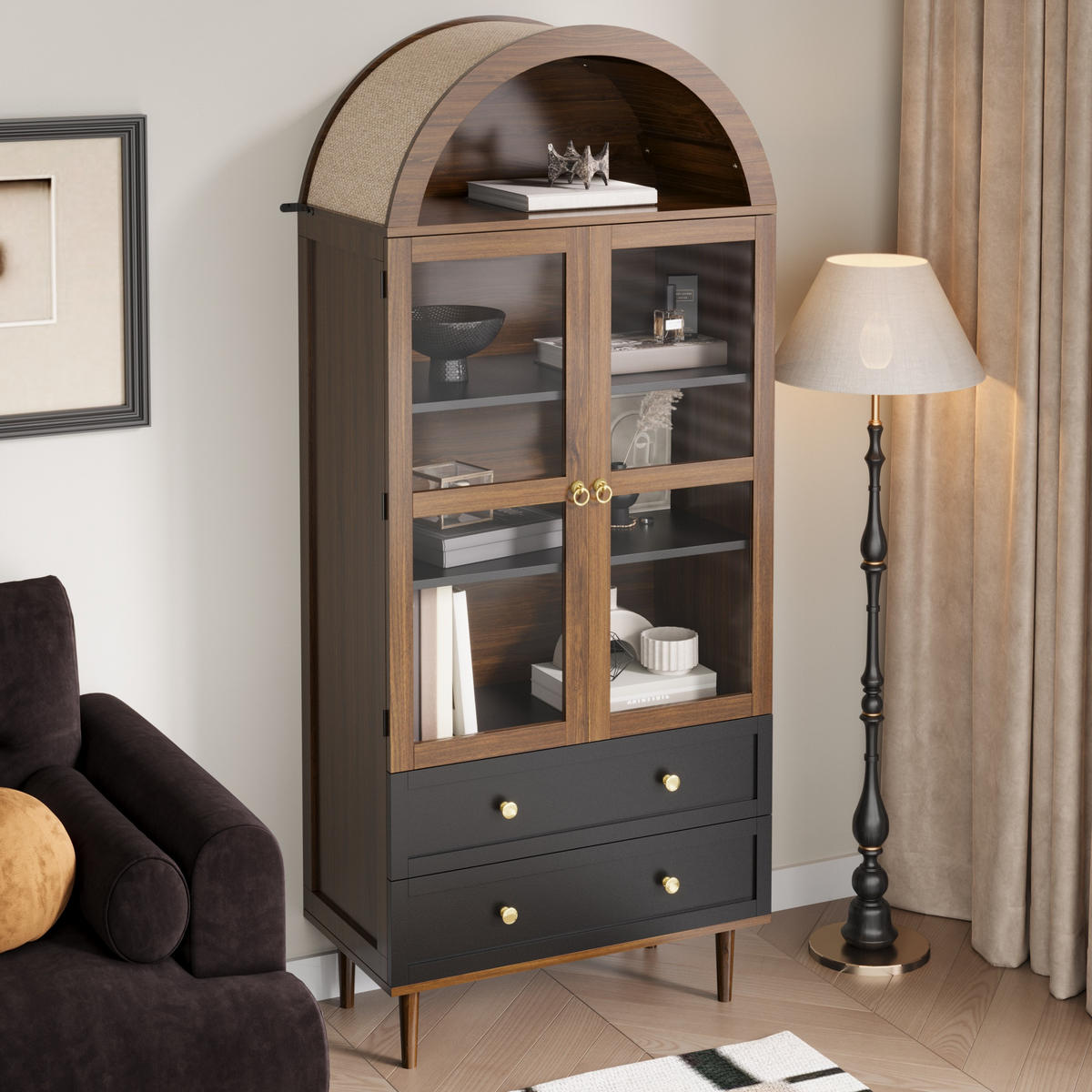 KOMMODE Retro Glas verstellbar Sideboard modern Aufbewahrung - Walnussfarben, Holzwerkstoff (70/168/38cm) - FLIEKS
