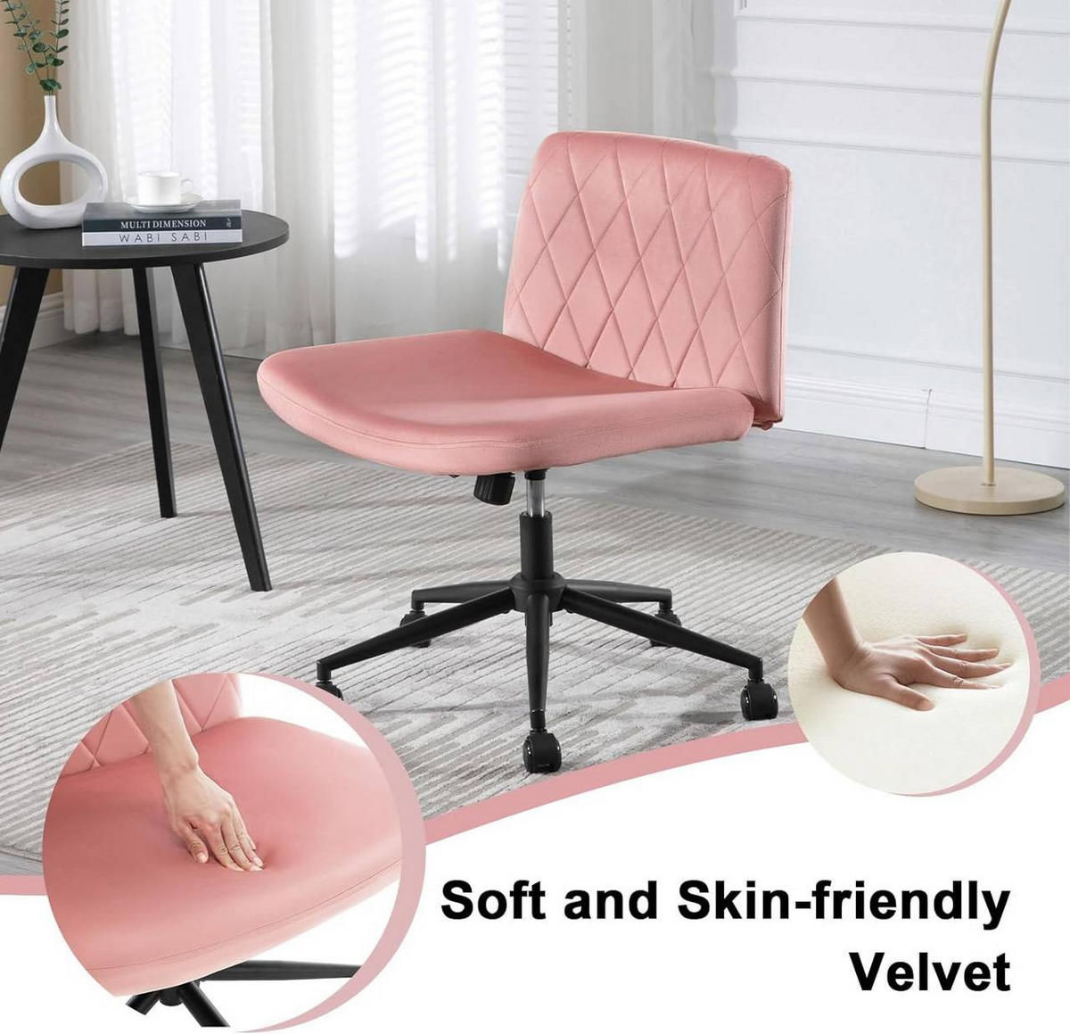 BÜROSTUHL 100°-120° neigbar, Samt, Rosa - Schwarz/Rosa, Kunststoff/Textil (64/80/70cm) - Woltu
