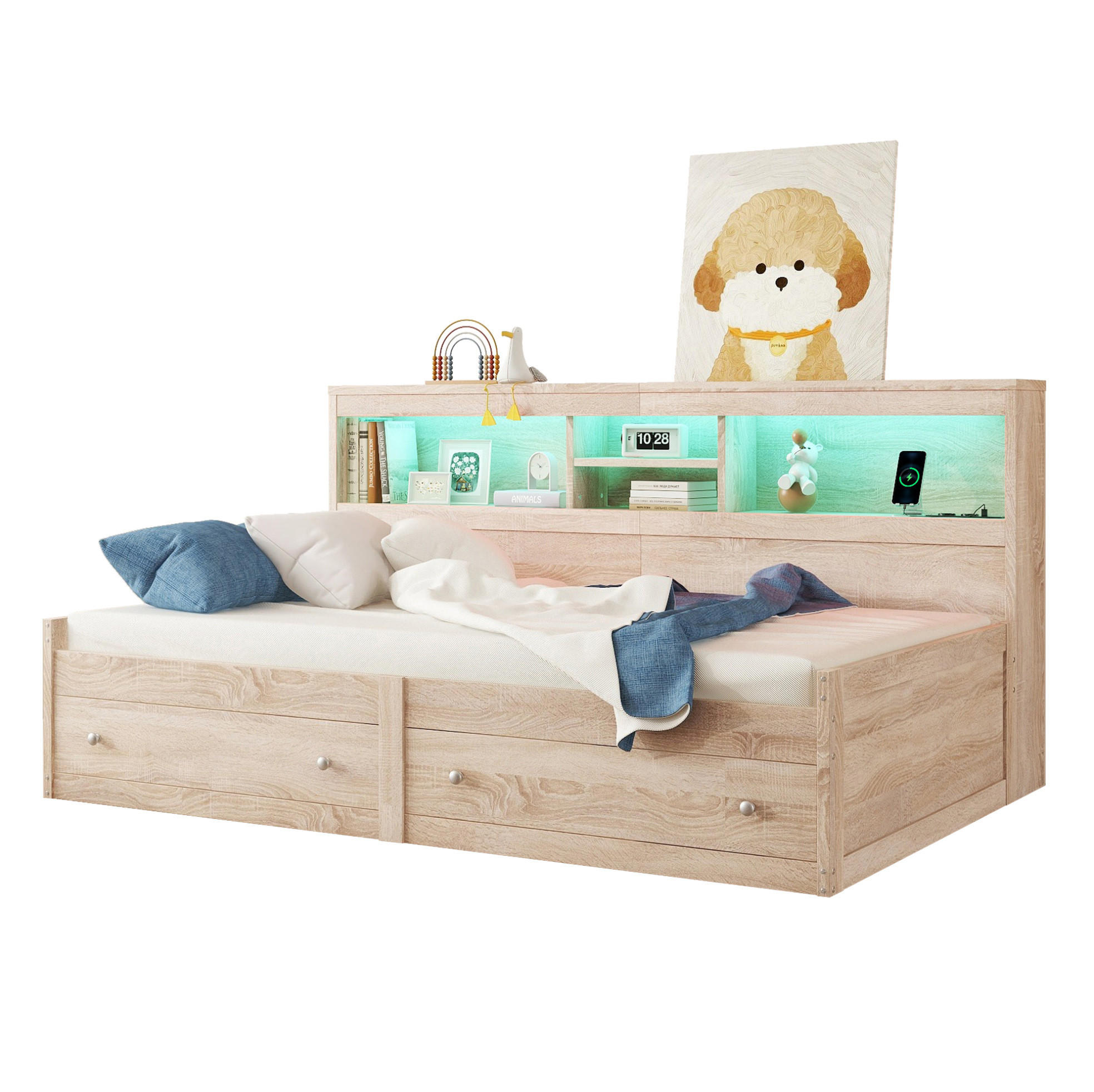 TAGESBETT 90/200 cm Natur aus Spanplatte und MDF mit LED-Ambientebeleuchtung und USB-Ladefunktion - Naturfarben, Holzwerkstoff (90/200cm) - OKMYHOME