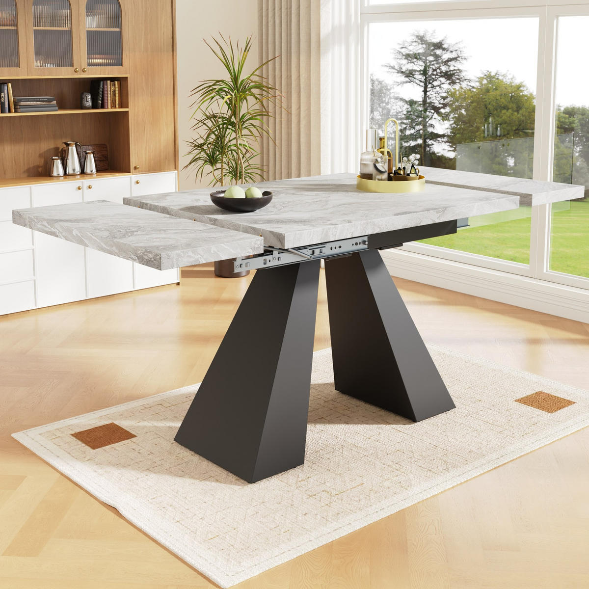ESSTISCH 99-159x74x77 cm in Schwarz-Grau aus MDF mit Marmoroptik und höhenverstellbaren Metallbeinen - Grau, Holzwerkstoff (74/159/77cm) - Modfu