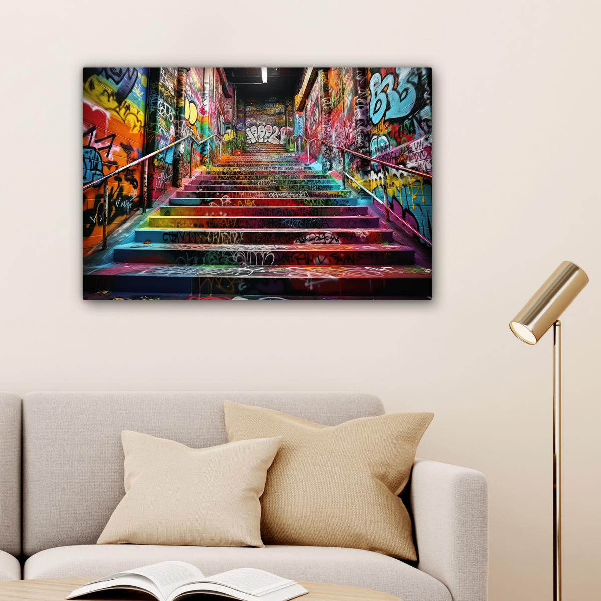 LEINWANDBILD Treppe - Graffiti - Farben - Kunst XXL 150x100 cm - Multicolor, Textil (150/100cm) - MuchoWow