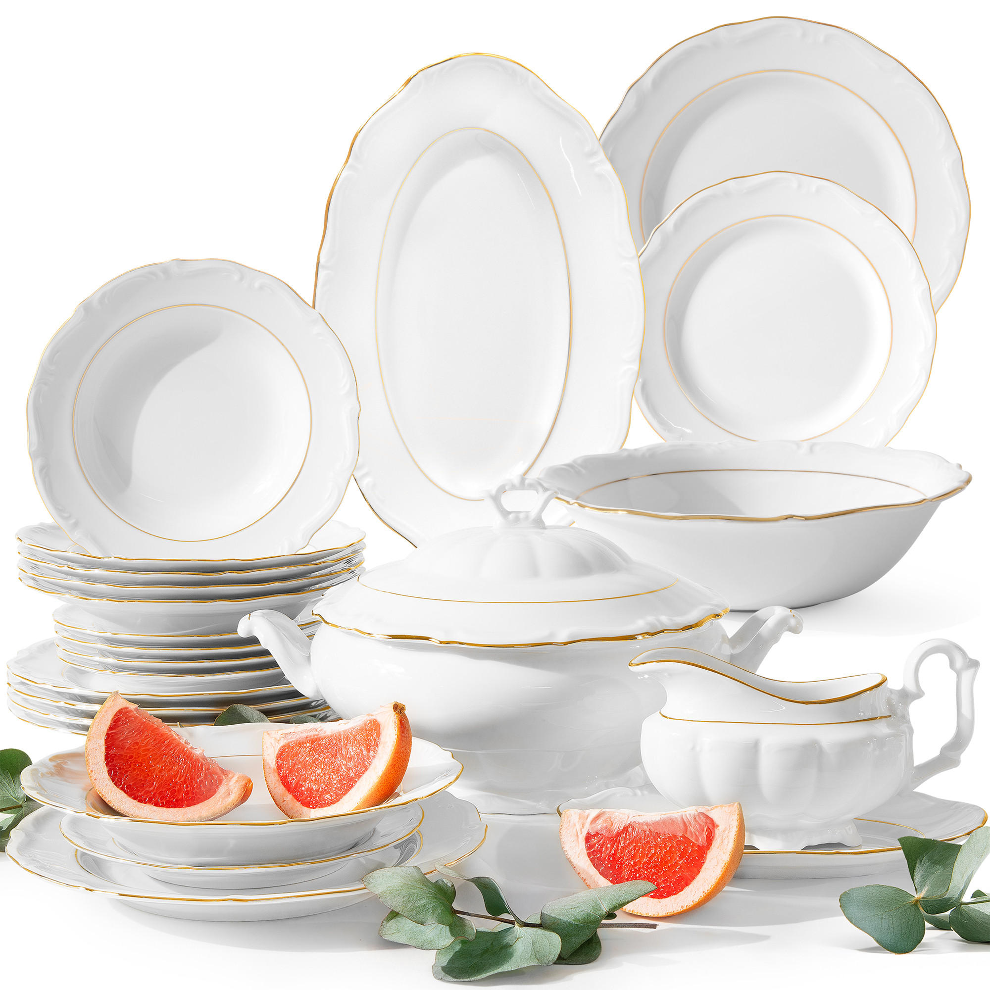 TAFELSERVICE 6 Personen Chodziez MARIA TERESA 23-tlg Porzellan mit Goldrand, Weiß / Gold - Goldfarben/Weiß, Keramik (25/2/25cm) - KONSIMO®