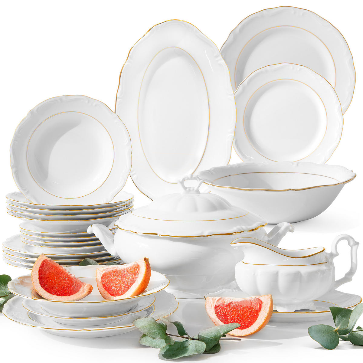 TAFELSERVICE 6 Personen Chodziez MARIA TERESA 23-tlg Porzellan mit Goldrand, Weiß / Gold - Goldfarben/Weiß, Keramik (25/2/25cm) - KONSIMO®