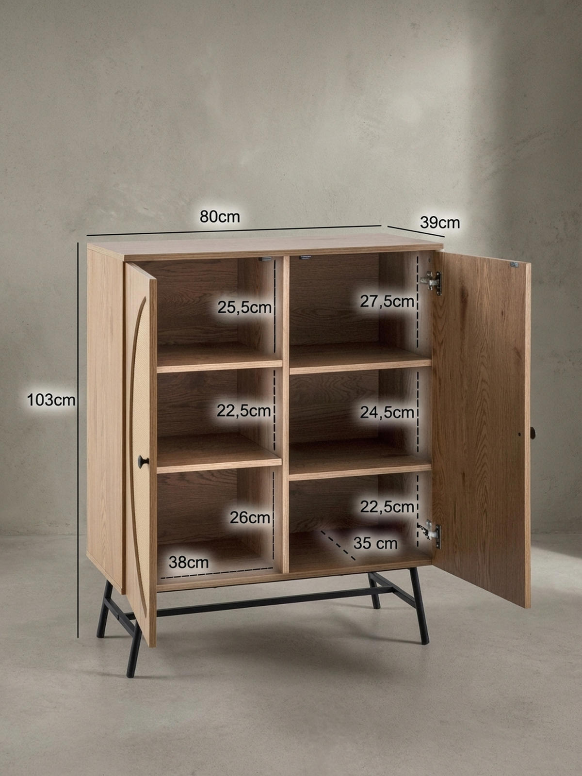 SIDEBOARD – Eiche-Dekor/Rattan, 80x103x39 cm, 2 Türen, hoch - Schwarz/Braun, Holzwerkstoff/Metall (80/103/39cm) - KADIMA DESIGN