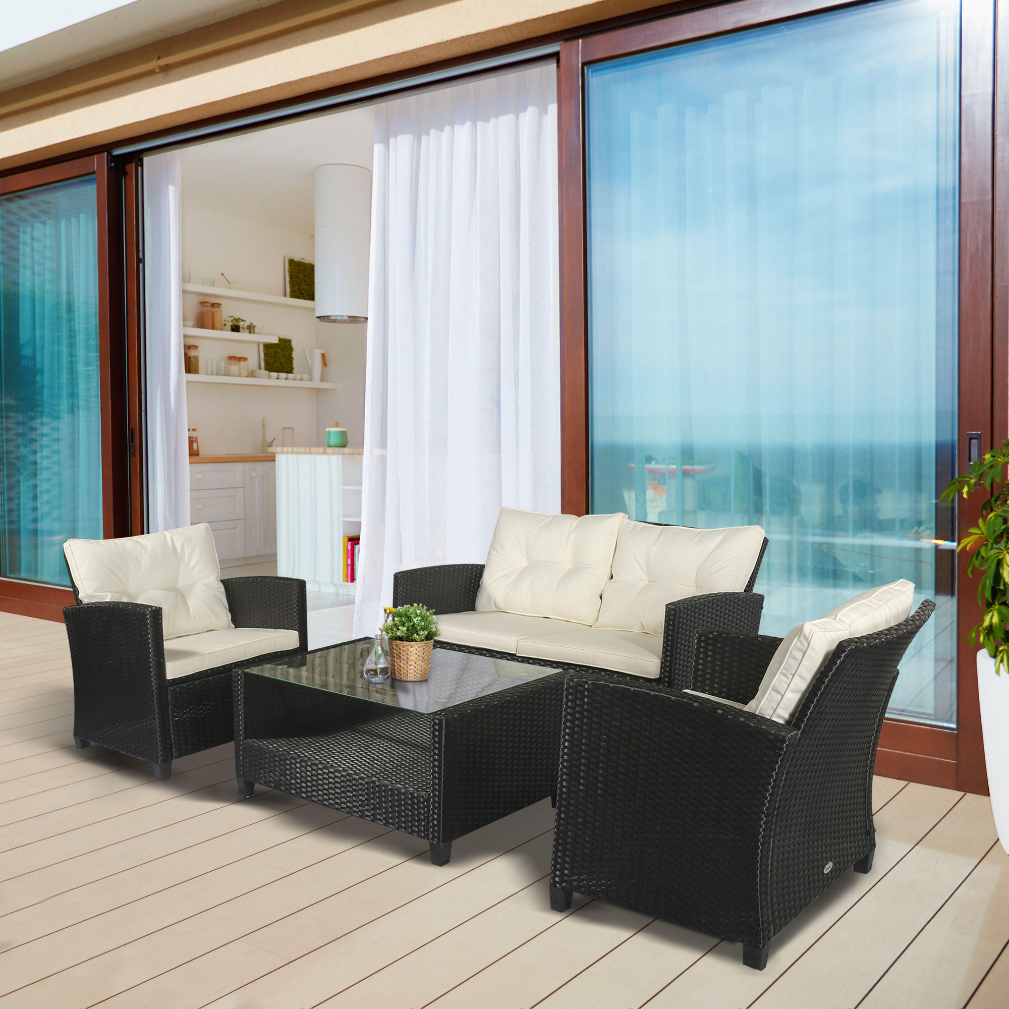 POLYRATTAN Sitzgarnitur 4 tlg. Sitzgruppe Metall Luxus Schwarz - Schwarz, Kunststoff - Outsunny