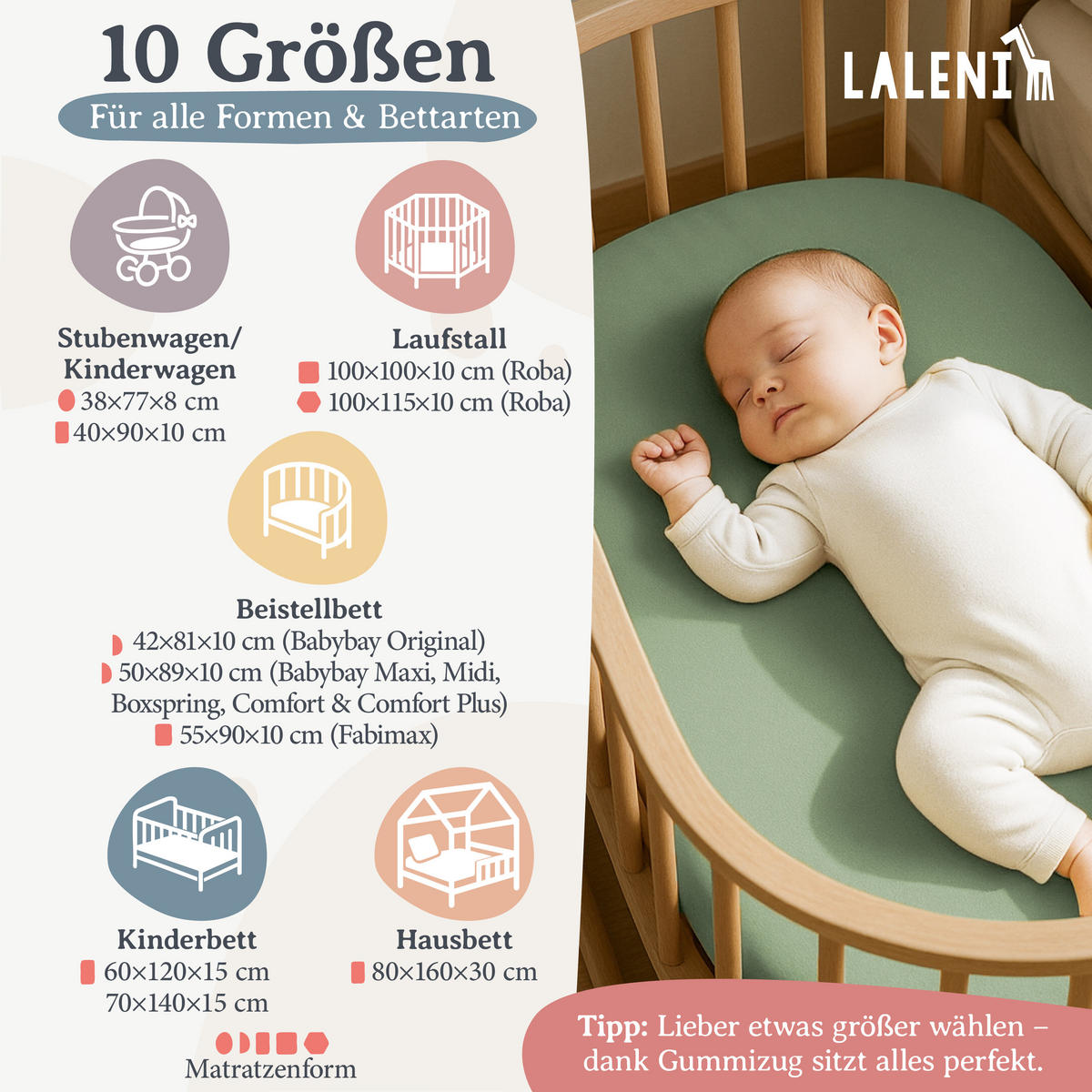 SPANNBETTLAKEN für Beistellbett & Stubenwagen – 100% Baumwolle, Atmungsaktiv & Weich, 50x89x10 cm, Grün - Grün, Textil (50/89cm) - Laleni