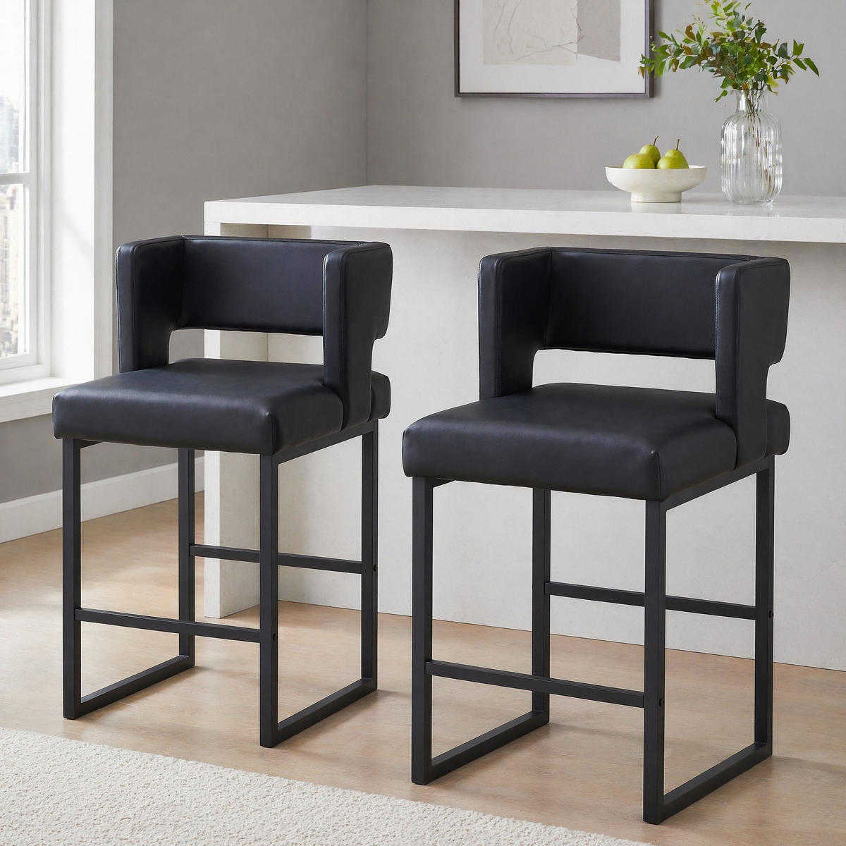 BARHOCKER Schwarz mit gepolstertem PU-Sitz - Schwarz, Metall (53.3/91.4/48cm) - MIVRAY