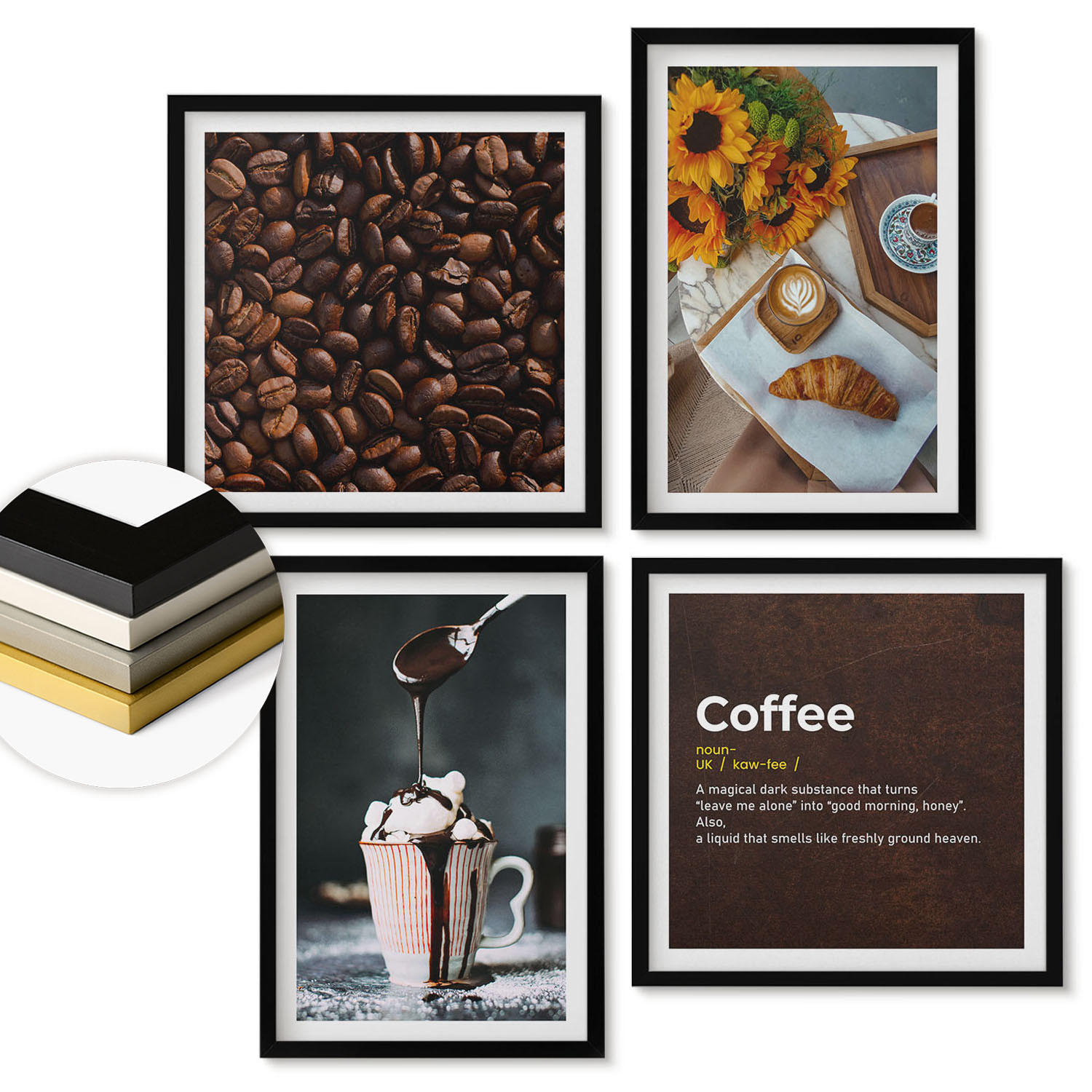 WANDBILDER 4er-Set - 50x50 cm & 40x60 cm Schwarzer Rahmen - Italienische Frühstückskaffeebohnen - Schwarz, Kunststoff (50/50cm) - ArtPrintCave