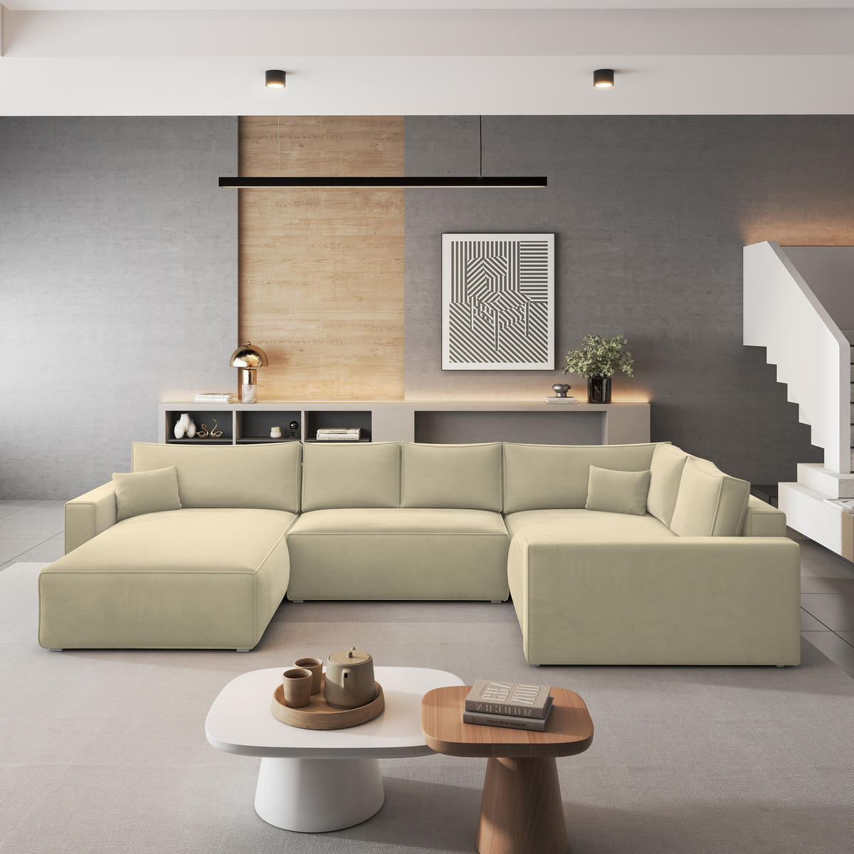 ROHOVÁ SEDAČKA VELAMI krémová - šedá/krémová, dřevo/textil (365/194cm) - MASSENO