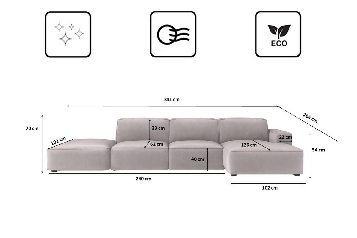 ECKSOFA Cursal L-Form, Stoff Salvador, Grau + Hocker, Rechts - Grau, Holz (341/166cm) - Kaiser Möbel