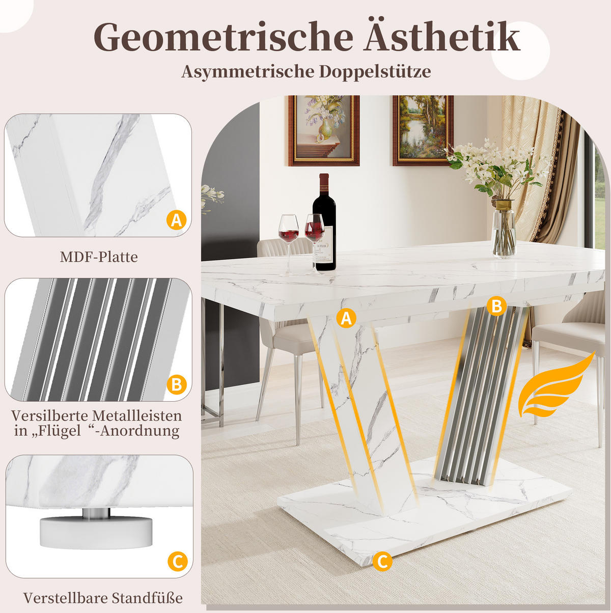 ESSTISCH aus MDF und Metall 120(160)x80x76 cm Weiß ausziehbar mit Marmordekor und flügelförmigem Gestell - Weiß, Holzwerkstoff (120/80/76cm) - Modfu