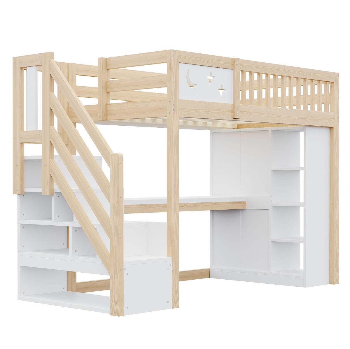 HOCHBETT aus Kiefernholz 90x200 cm Weiß/Holzfarbe mit Schreibtisch, LED-Beleuchtung, Steckdosen und Stauraum - Weiß, Holz (90/200cm) - Modfu