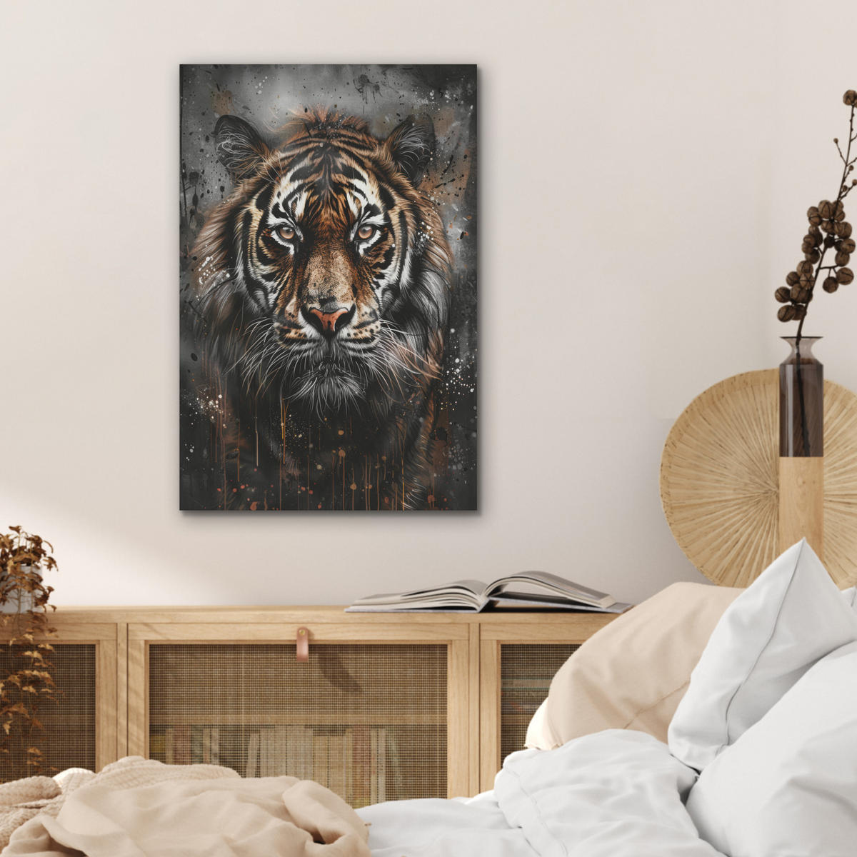 AKUSTIKBILD Tiger - Tiere - Porträt - Luxus - Schwarz Kunstdruck Schlafzimmer 50x70 cm - Braun, Kunststoff (50/70/0.9cm) - MuchoWow