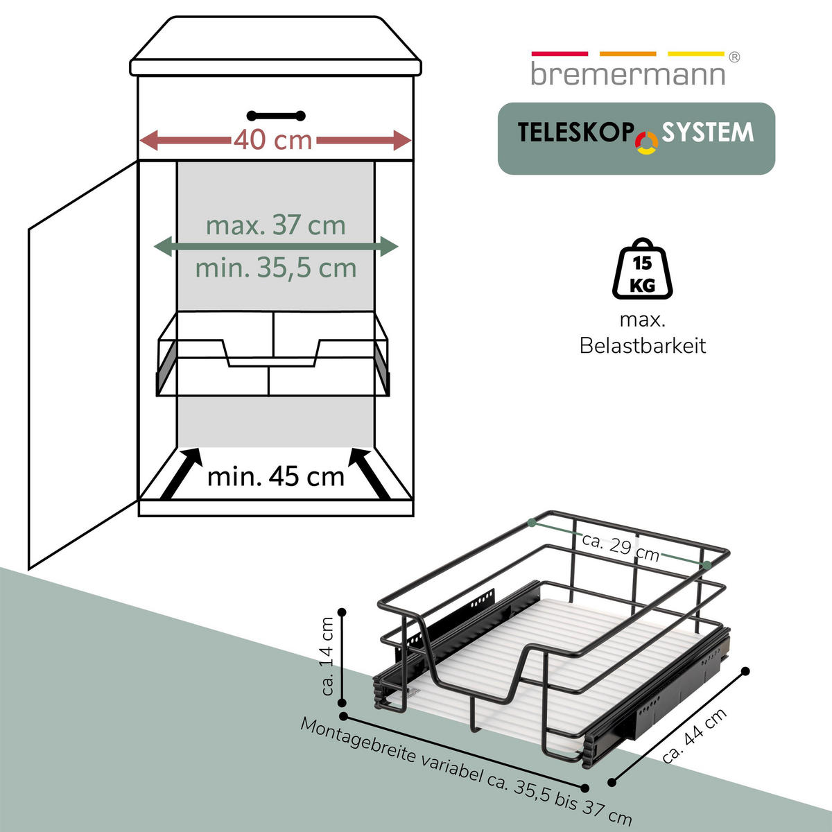 TELESKOPSCHUBLADE, schwarz, Metall - Schwarz, Metall (37/14/44cm) - bremermann