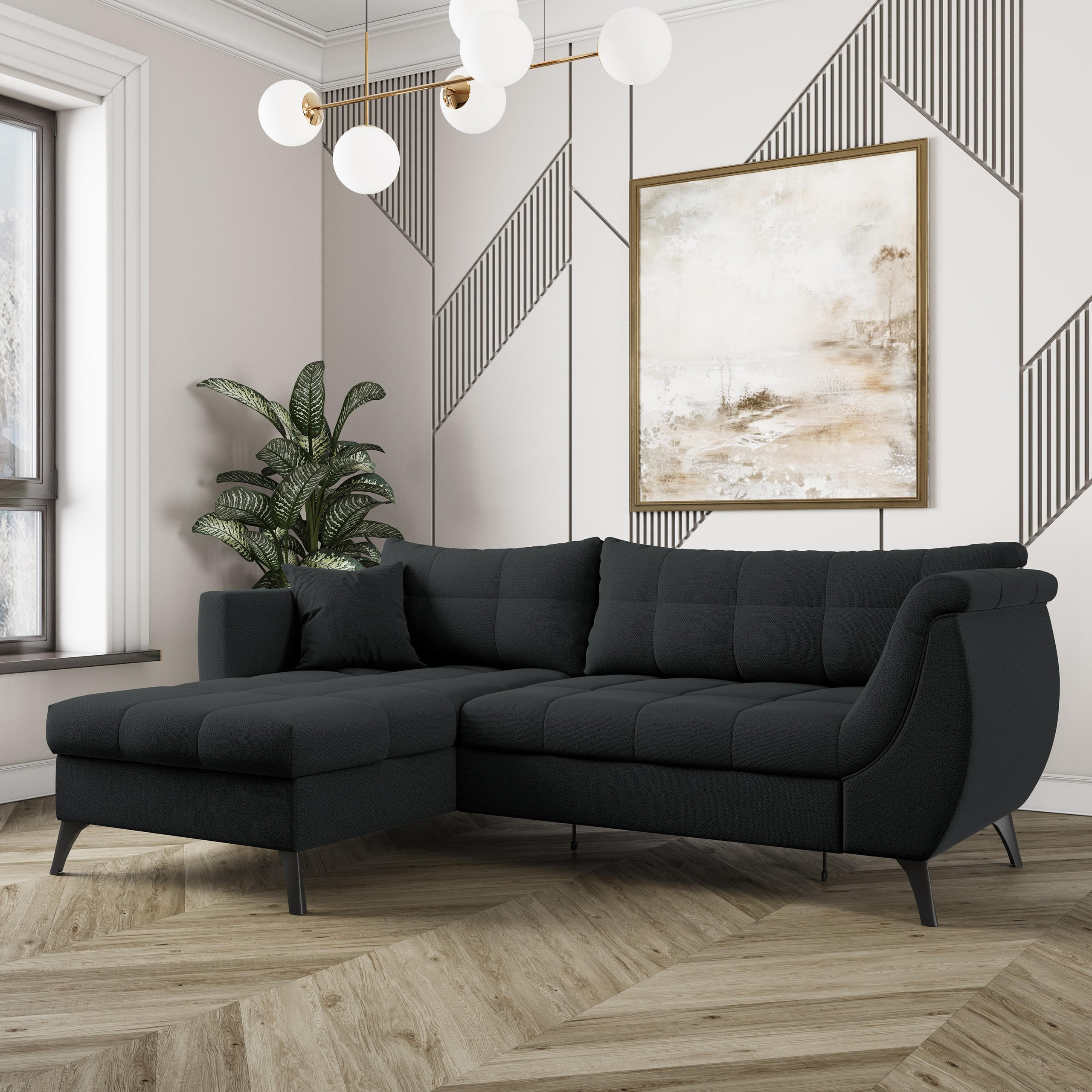 ECKSOFA MOLLIS Schwarz Geflochtener-Stoff mit Schlaffunktion - Schwarz, Holz (241/154cm) - MASSENO