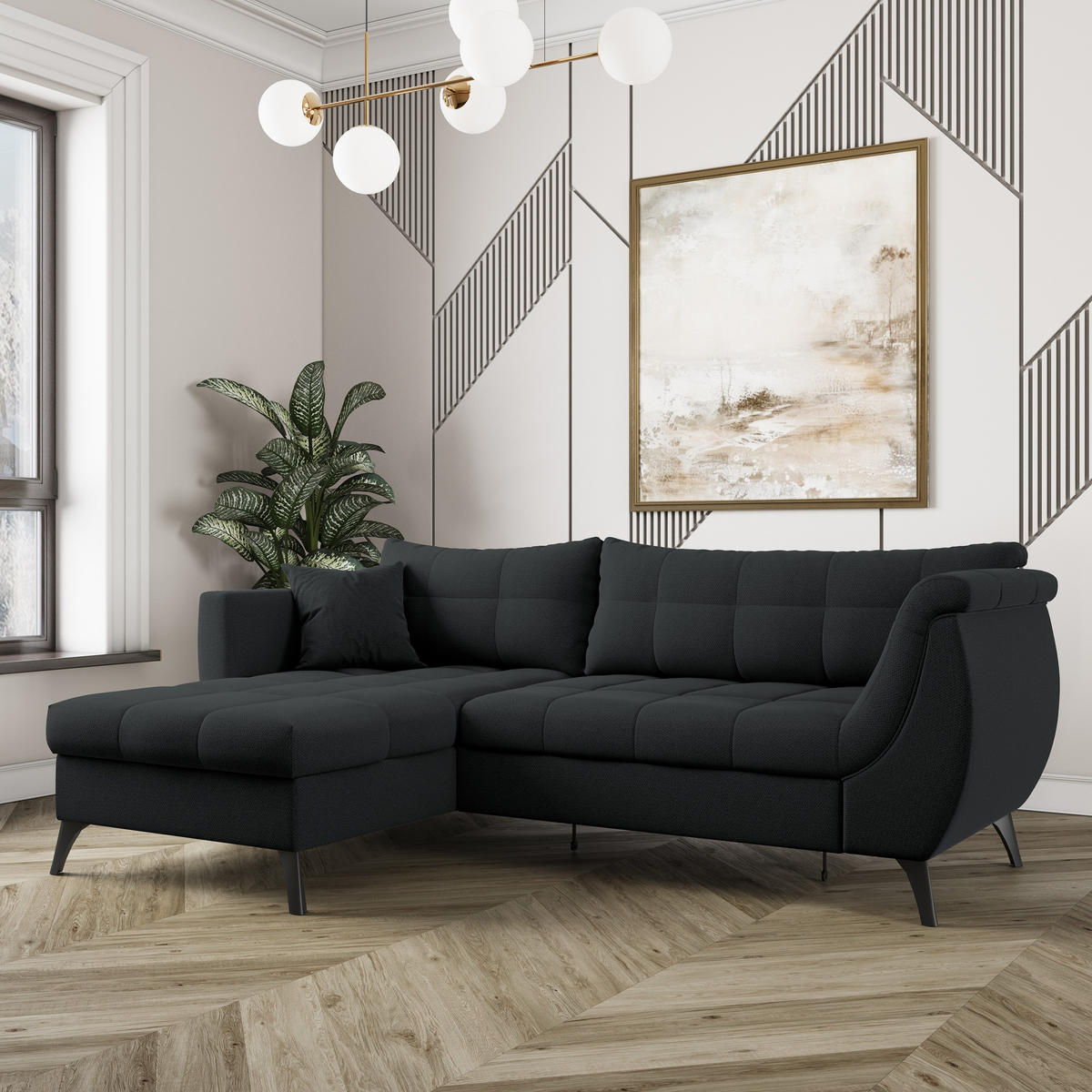 ECKSOFA MOLLIS Schwarz Geflochtener-Stoff mit Schlaffunktion - Schwarz, Holz (241/154cm) - MASSENO